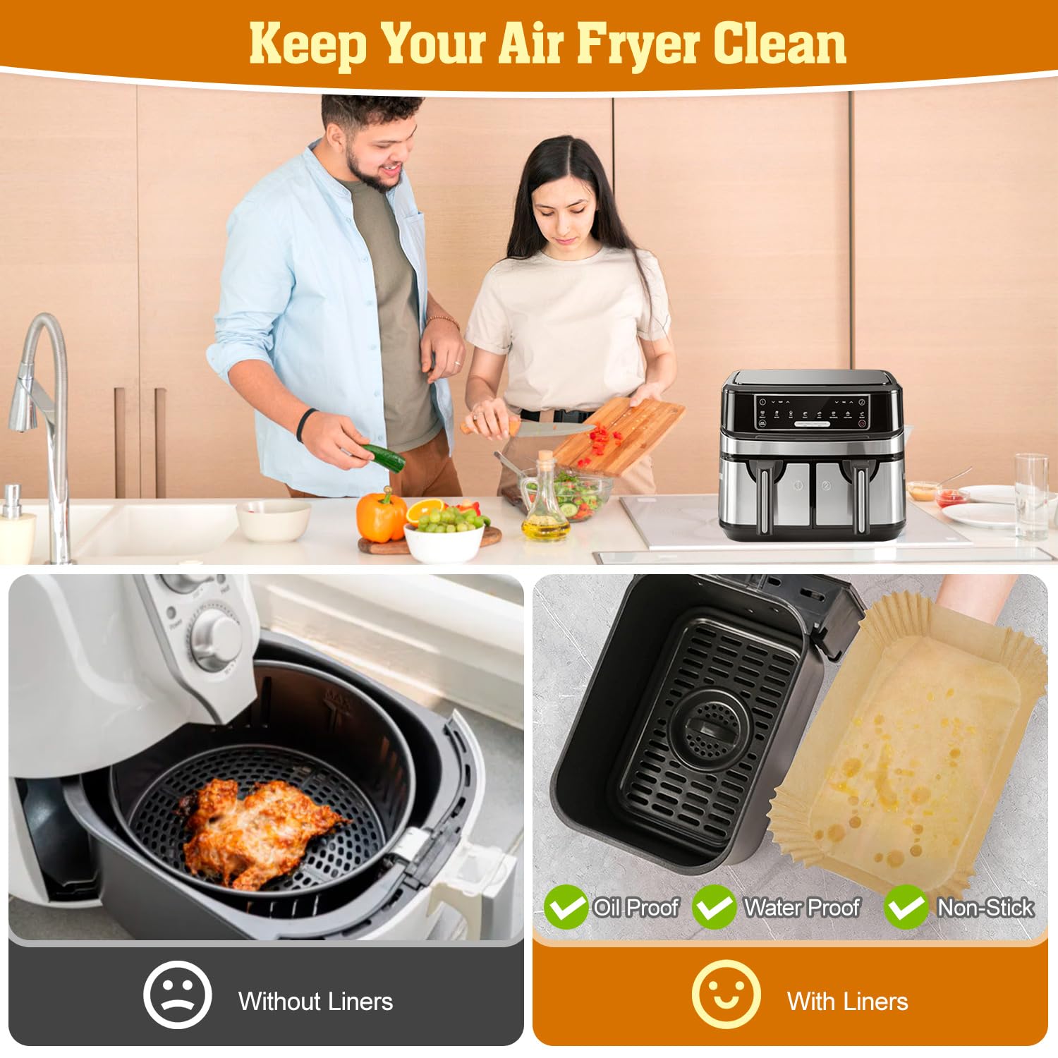 200pcs Air Fryer Liners for Ninja Dual, Air Fryer Accessories, Disposable Square Air Fryer Parchment Paper Liner, Compatible with for Ninja Foodi DualZone 2-Basket Air Fryer DZ201, DZ401