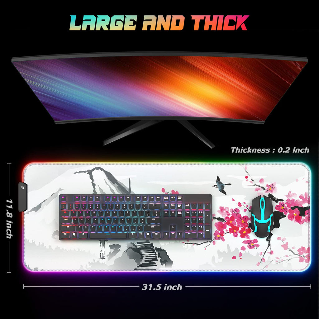 ITNRSIIET RGB Gaming Mouse Pad, Full Desk XL Extended Large Gaming Mousepad, 12 Light Modes, Ultra Thick, Big LED Desk Mat for Keyboard Computer Men Gamer Esport Pros, 32" x 12", Japanese Mount