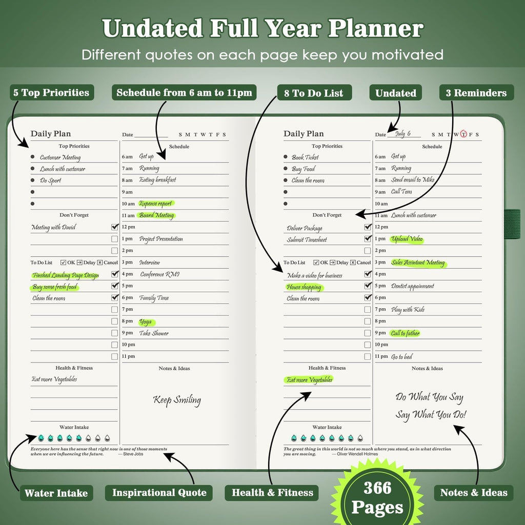 Planner, Undated Daily Planner with To Do List, 365 Days Planner for ADHD Adult, Agenda for Women Men, Hourly Planner Notebook for Goal Setting, Productivity Planner with Calendar, 8.3" x 5.8" (Green)