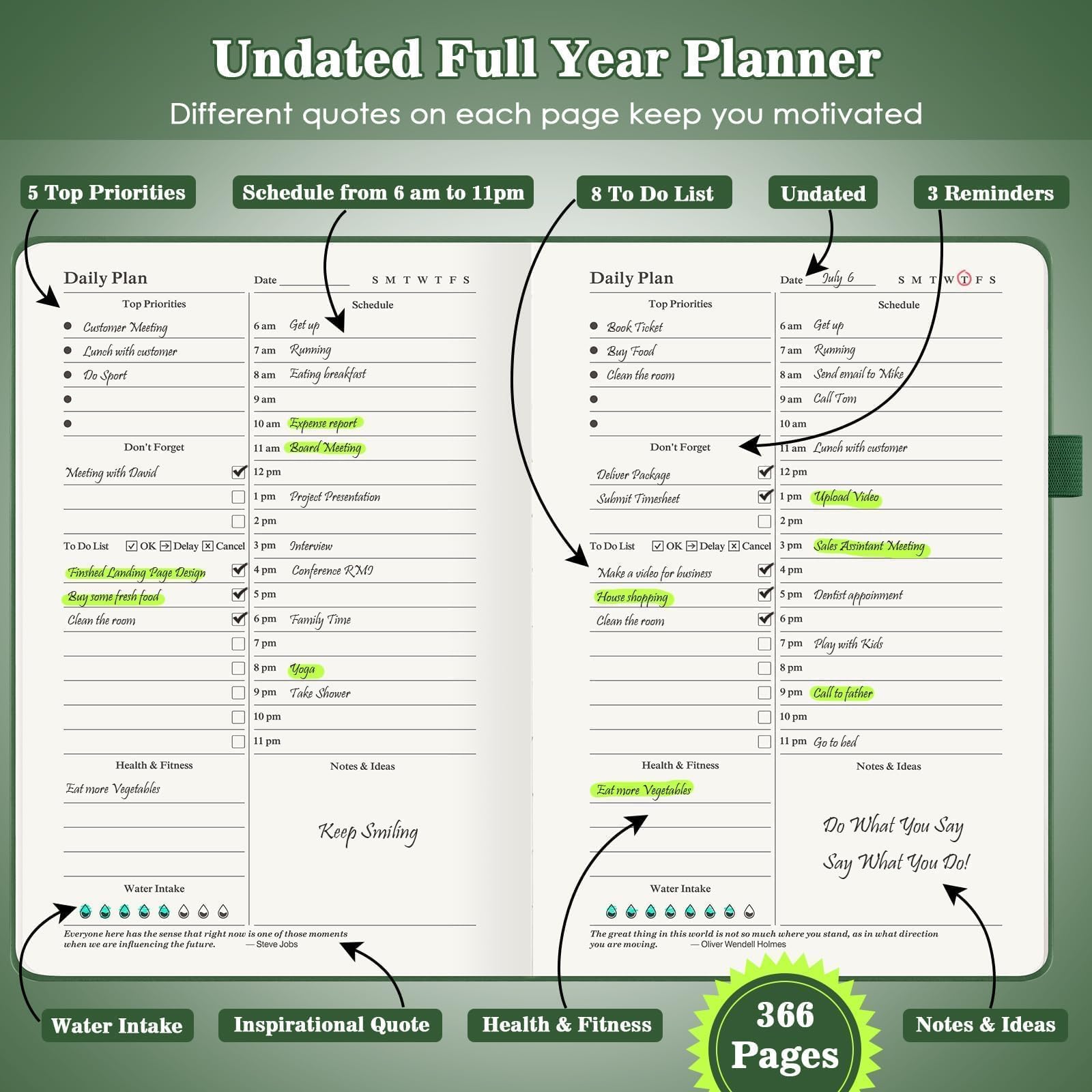 Planner, Undated Daily Planner with To Do List, 365 Days Planner for ADHD Adult, Agenda for Women Men, Hourly Planner Notebook for Goal Setting, Productivity Planner with Calendar, 8.3" x 5.8" (Green)