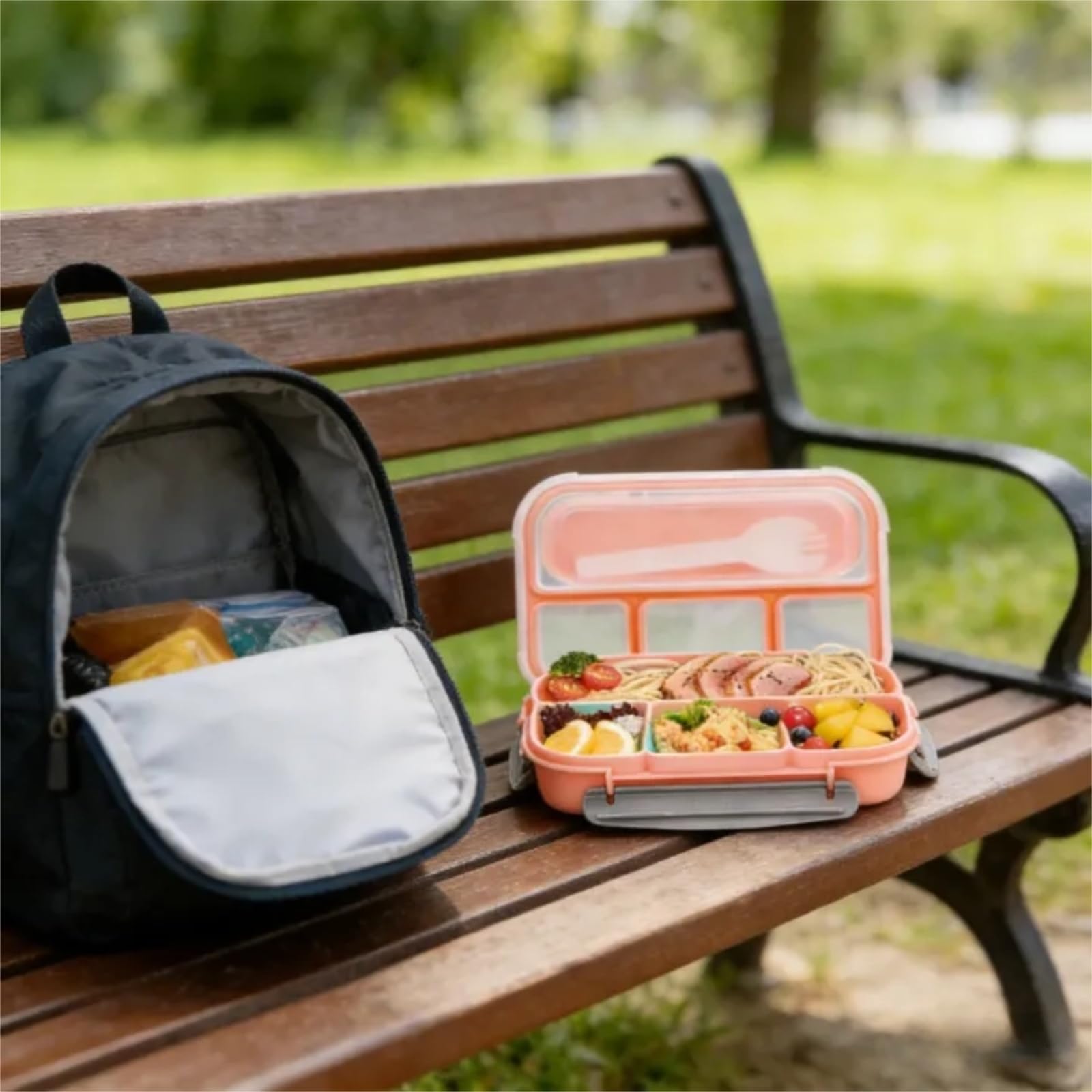 Okllen 3 Pack Bento Lunch Box, Plastic Bento Box Adult Lunch Box with 4-Compartment & Spoon, Leakproof Lunch Containers for Meals,Snacks, School, Company, and Travel, Pink, Green, Blue