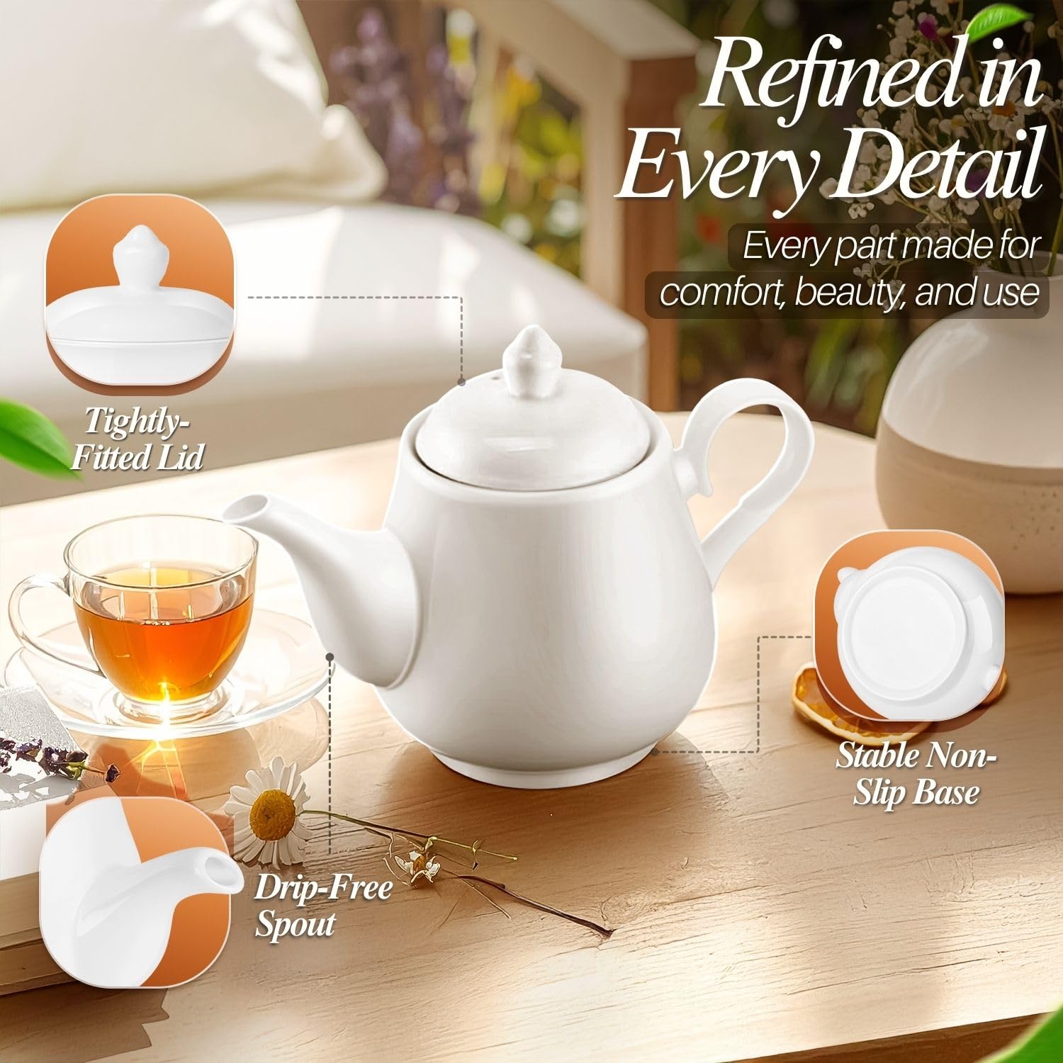 Flexzion Ceramic Teapot - 24oz White Porcelain Tea Pot with Lid for Loose Leaf or Bagged Tea, Small 2-3 Cup Personal Teapot, Classic Ceramic Teapots for Brewing, Microwave & Dishwasher Safe