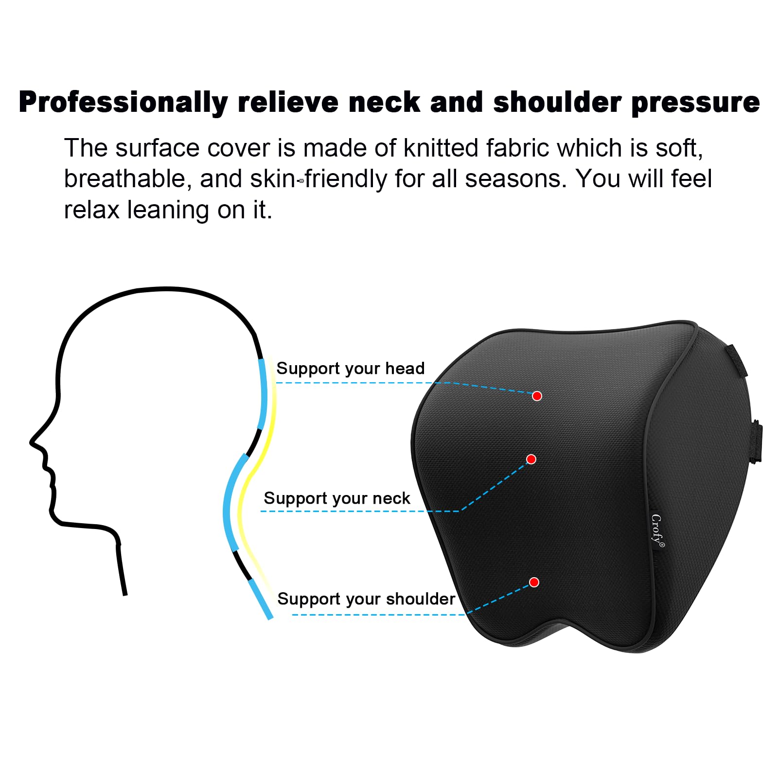 Crofy 2 Pack Car Neck Pillow, Softness Car Headrest Pillow for Driving with Adjustable Strap, 100% Memory Foam and Breathable Removable Cover, Comfortable Ergonomic Design