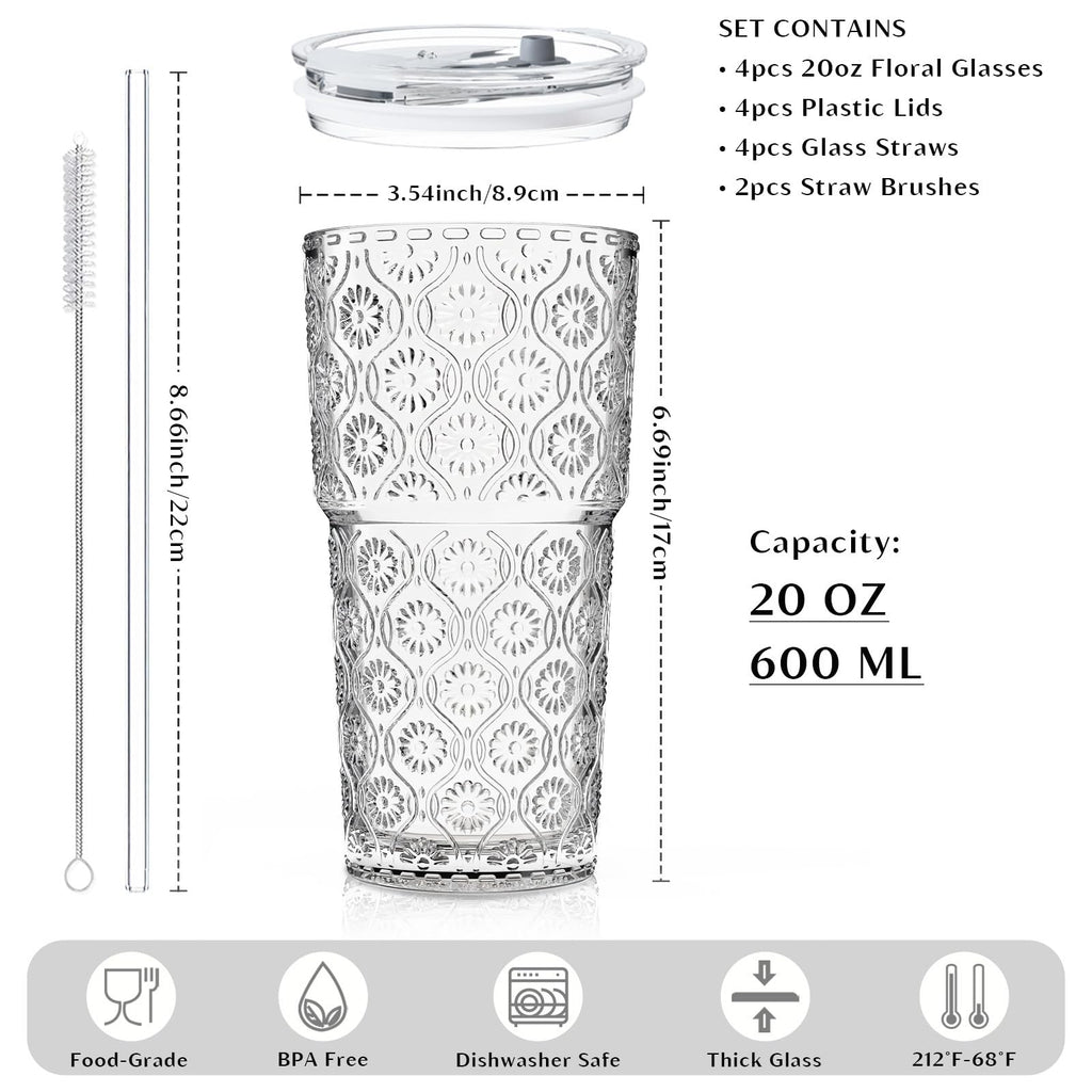 INSETLAN 20oz Begonia Flower Glass Tumbler Set of 4 – Thickened Glass Cups with Lids and Glass Straws for Iced Coffee, Smoothies, Milk, Water, and More – Elegant& Durable Drinkware