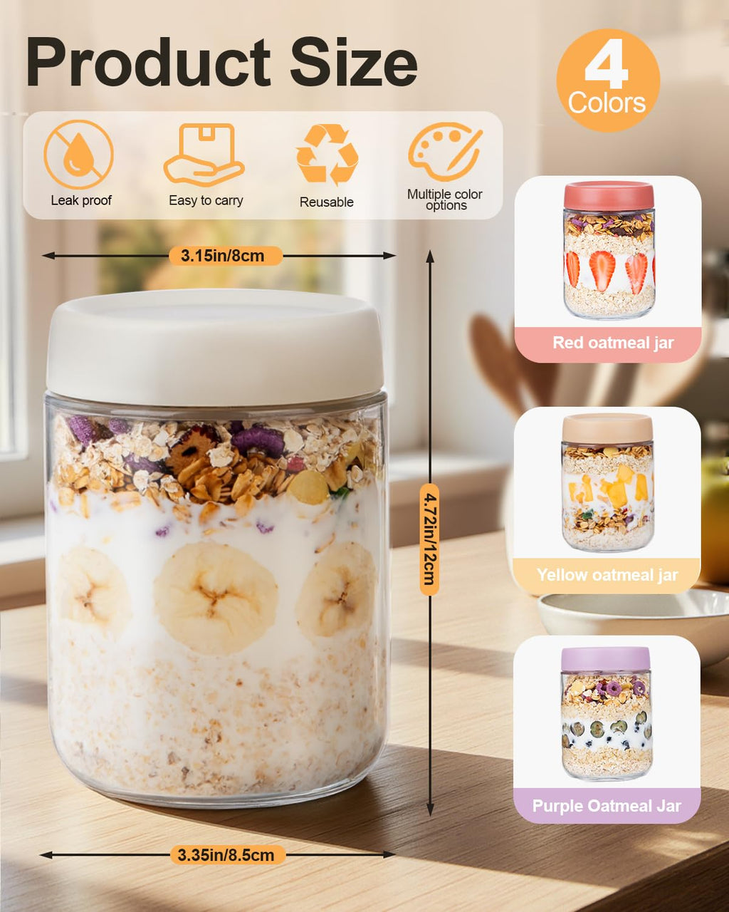 Overnight Oats Jars, 4 Pieces of 500ml/16oz Overnight Oatmeal Container with Lid by Pitch Pulse, Homemade Yogurt Oatmeal Salad Jam Pudding Storage Container