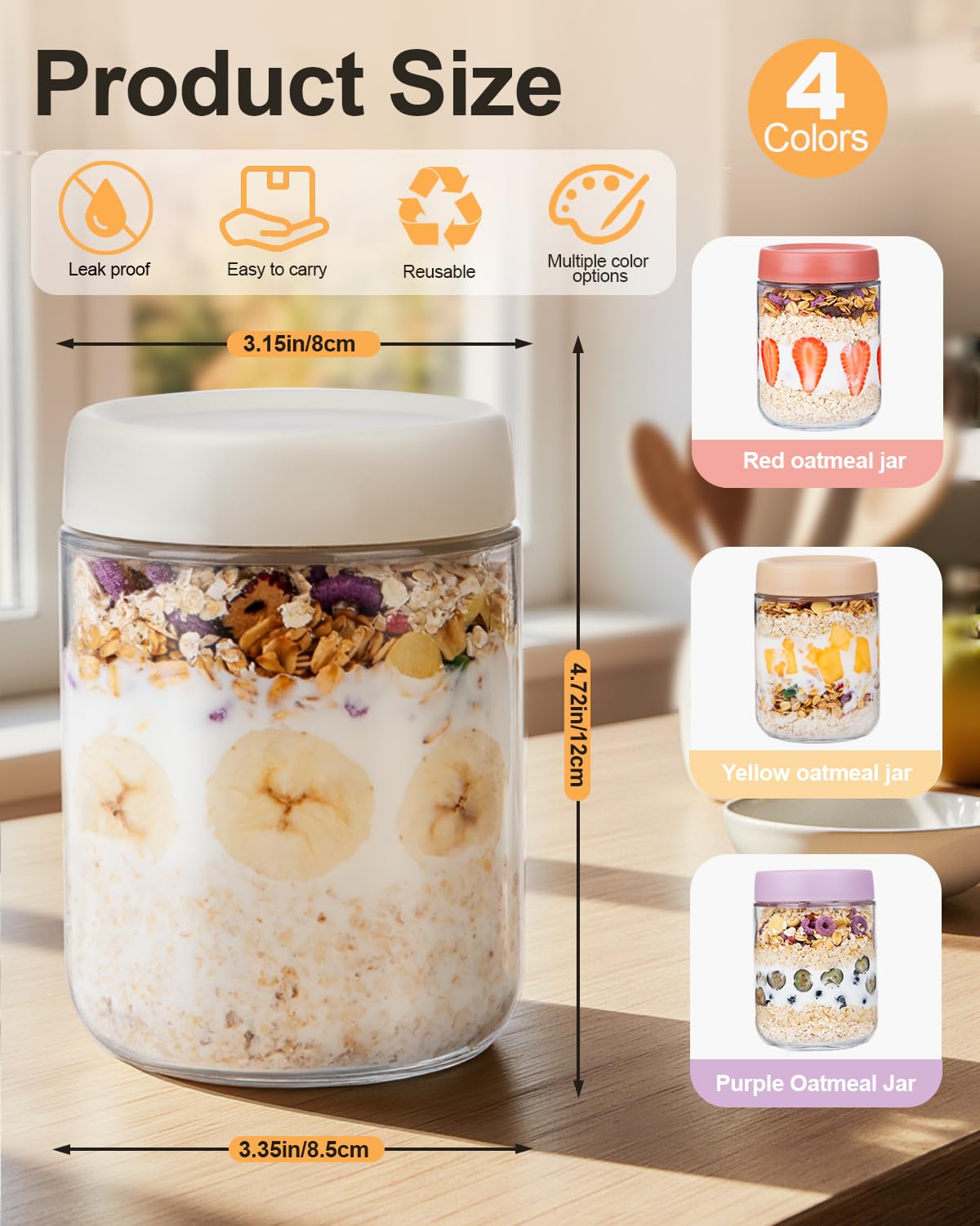 Overnight Oats Jars, 4 Pieces of 500ml/16oz Overnight Oatmeal Container with Lid by Pitch Pulse, Homemade Yogurt Oatmeal Salad Jam Pudding Storage Container