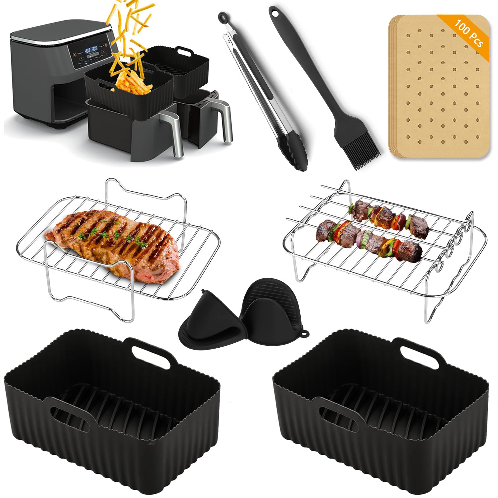 Air Fryer Accessories,9-Pcs Set for DZ201, DZ201C, DZ401, Reusable Silicone Air Fryer Liners & Gloves, Air Fryer Rack, Paper Lining, Food Tong, Oil Brush, Suitable for Oven, Microwave