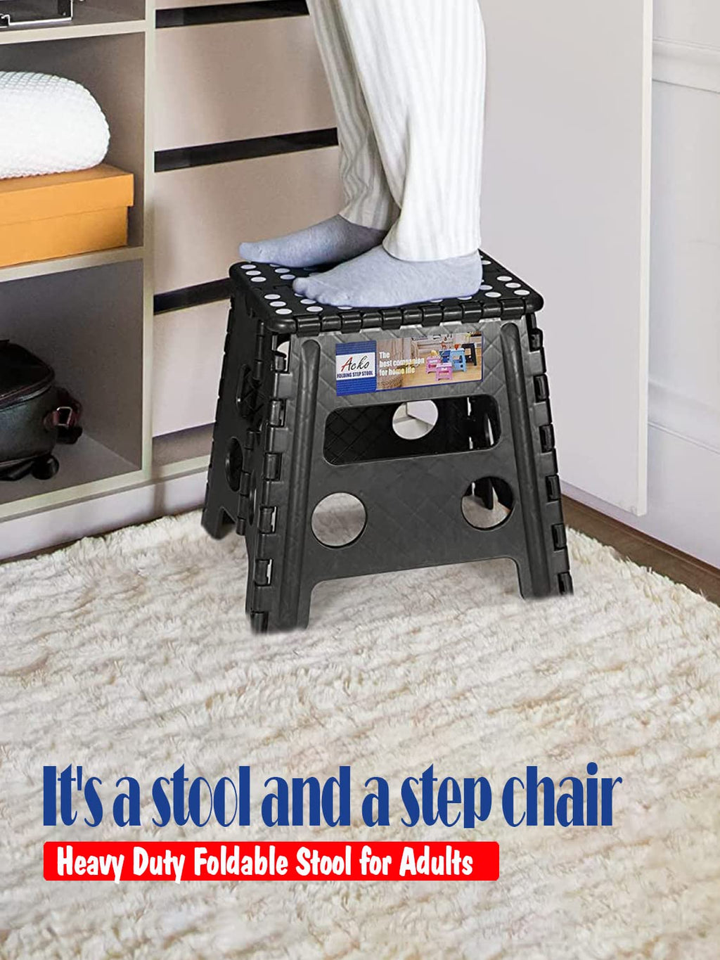 Acko Folding Step Stool 13 inch Heavy Duty Plastic Foldable Step Stool for Adults and Kids, Premium Black Step Stool Toddler, Small Collapsible Fold Up Stepping Stool Kitchen Bathroom Step Stool
