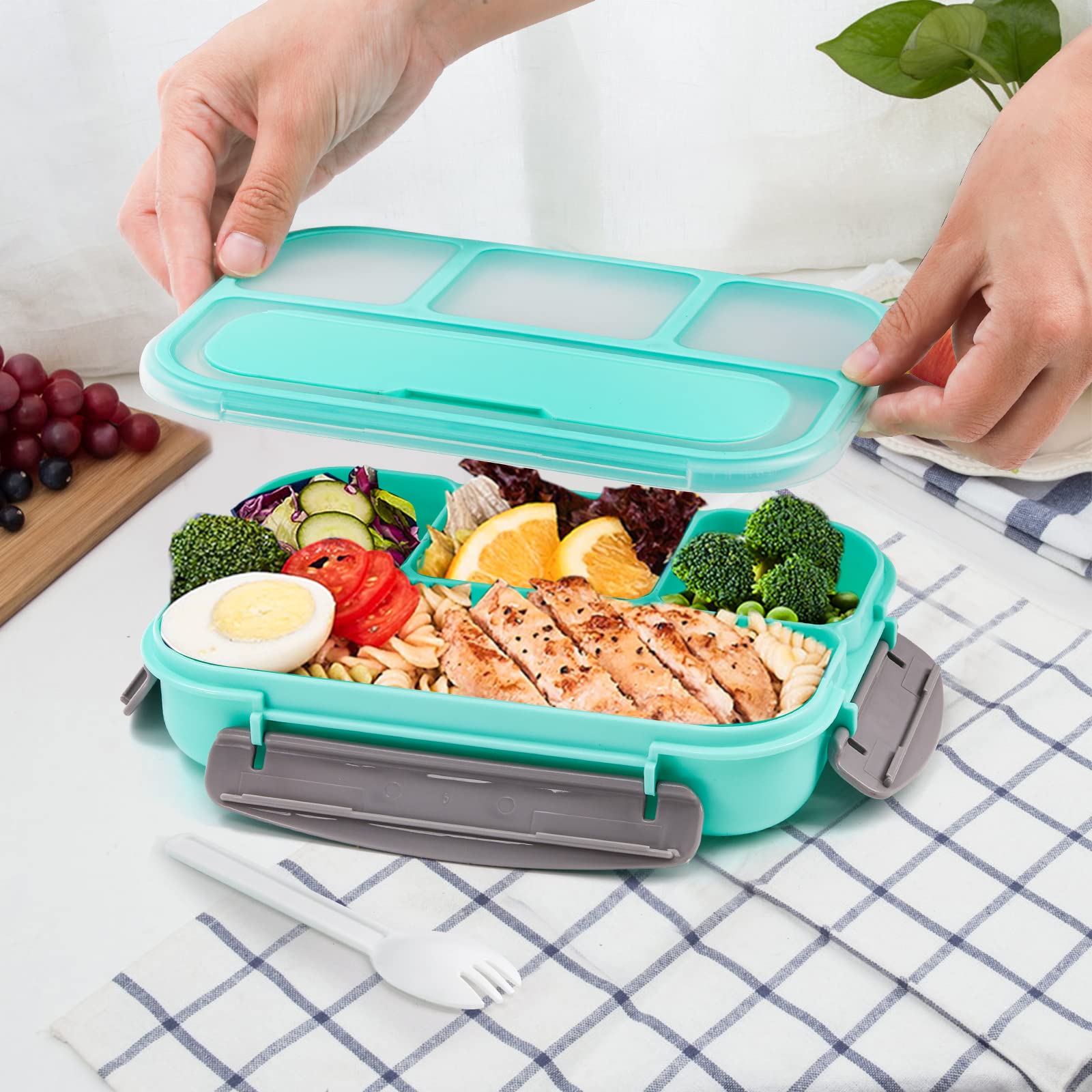 Okllen 3 Pack Bento Lunch Box, Plastic Bento Box Adult Lunch Box with 4-Compartment & Spoon, Leakproof Lunch Containers for Meals,Snacks, School, Company, and Travel, Pink, Green, Blue