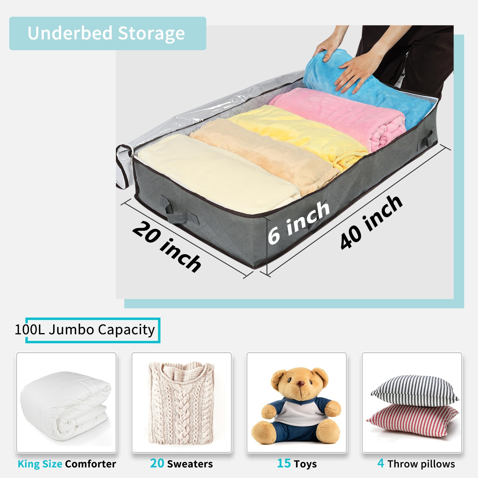 Under Bed Storage Bags, 4 Pack 100L Underbed Storage Bins with Reinforced Handles, Non-woven Clothes Organizer Soft Containers for Blanket, Pillows, Comforters, Sheets and Wrapping Paper