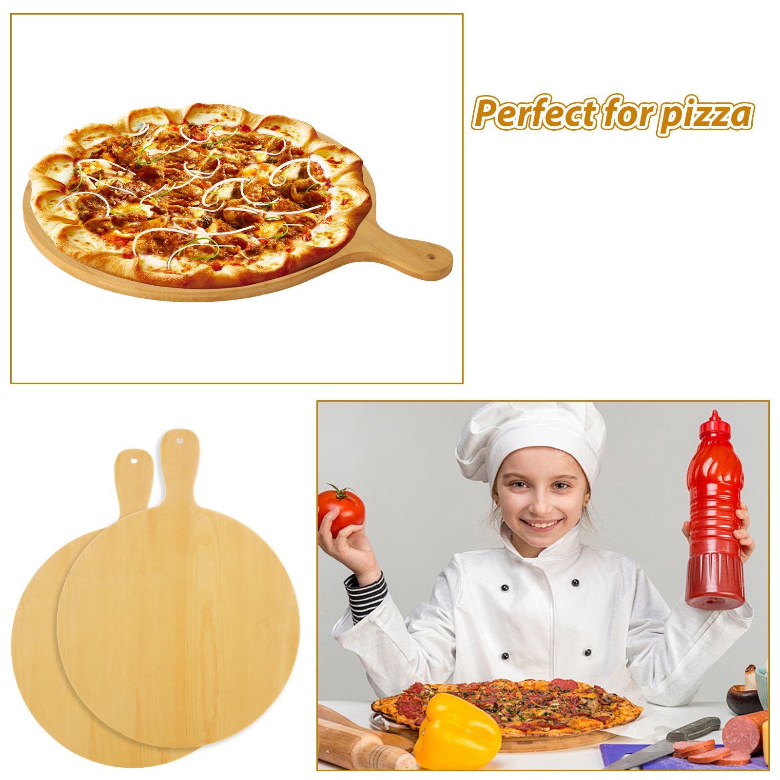 4 Pack Wooden Pizza Peel, 12 Inch Pizza Spatula with Wood Handle Suitable for 12"x12" Pizzas, Round Wooden Cutting Boards for Baking Homemade Pizza, Bread, Cheese, Fruit