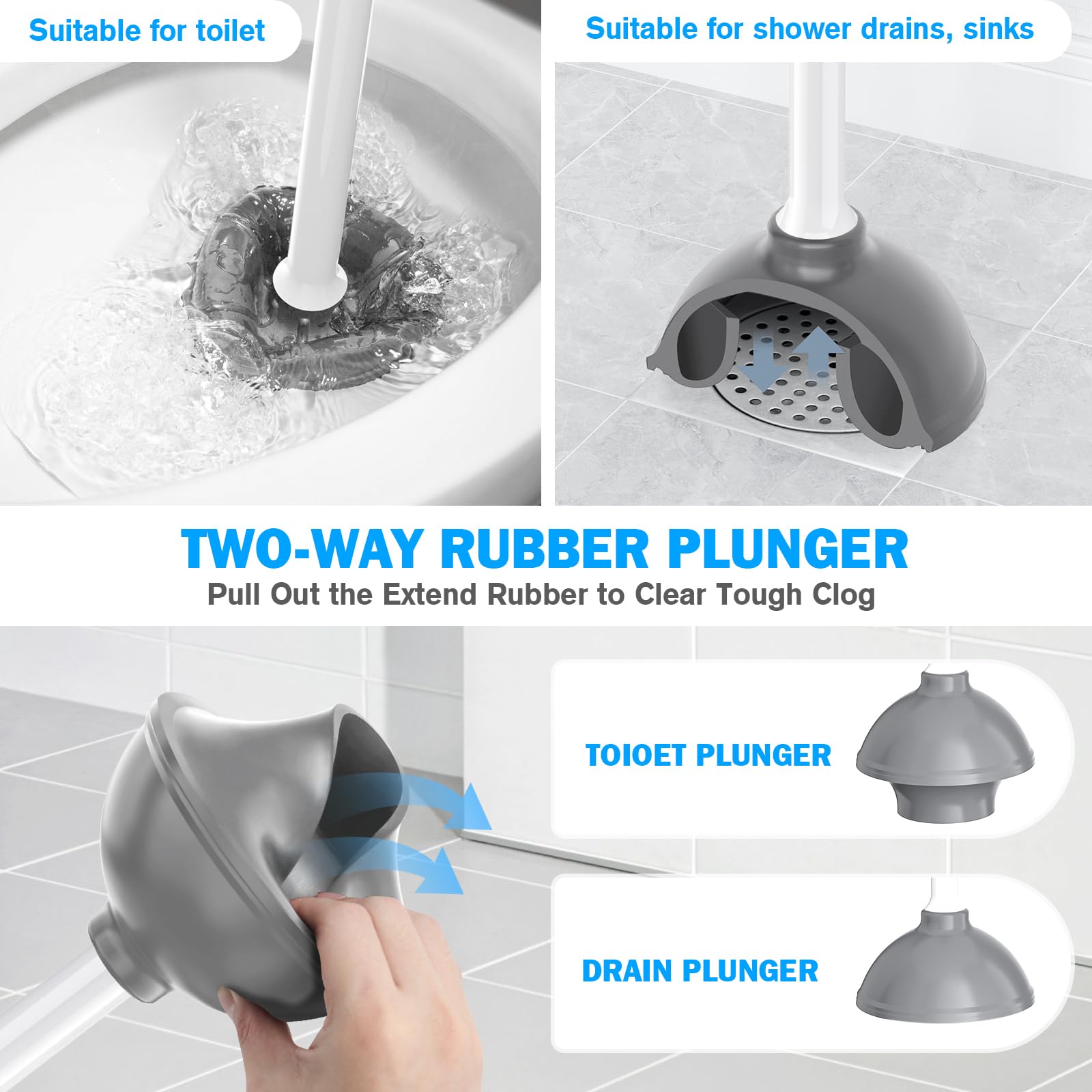 Toilet Plunger and Brush Set, Bowl Brush and Heavy Duty Toilet Brush with Ventilated Holder, 2-in-1 Toilet Brush and Plunger Combo for Bathroom Deeply Cleaning(White & Grey)