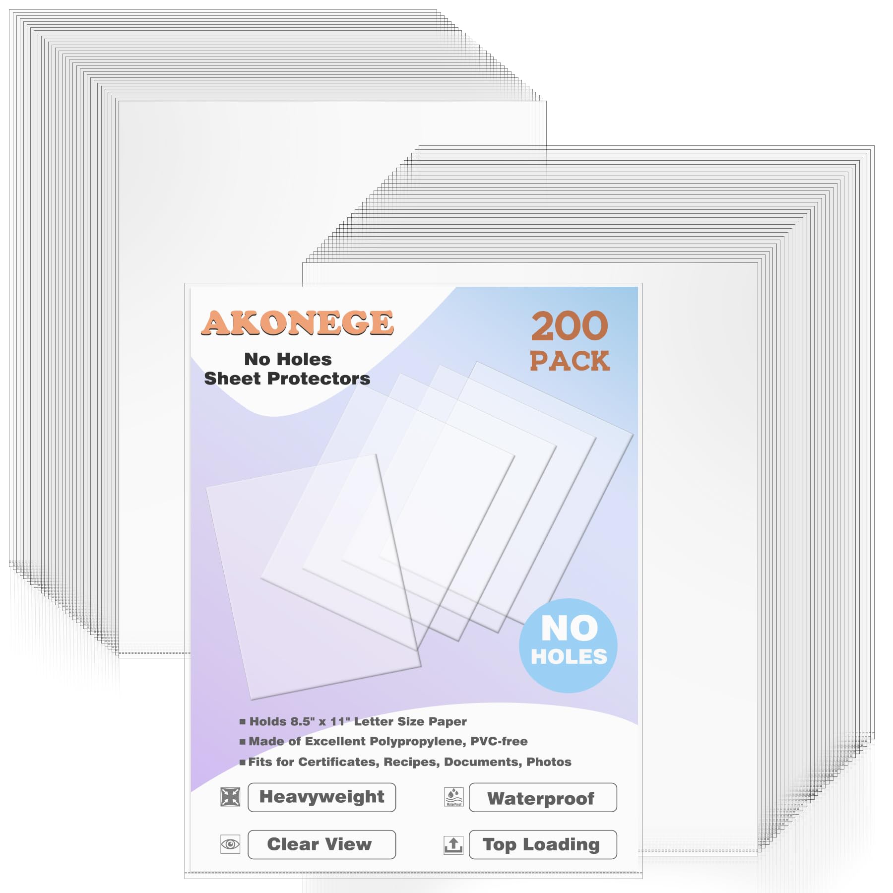 AKONEGE 200 Pack No Holes Sheet Protectors, 8.5 x 11 Inch Letter Size Paper Protectors, PVC-Free Polypropylene, Top Loading, Heavy-Duty, Crystal Clear View