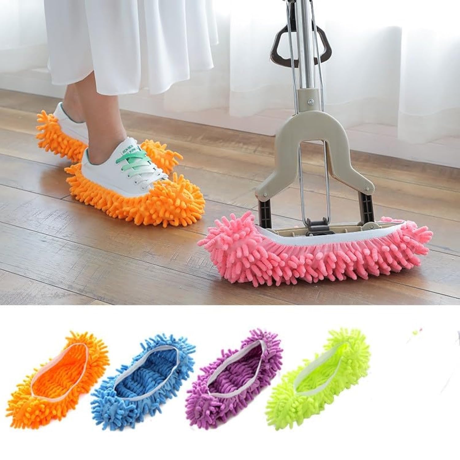FEATHERHEAD Bontip 4 Pairs (8 Pieces) Unisex Washable Dust Mop Slippers Shoes Microfiber Cleaning House Mop Slippers Multifultional Floor Cleaning Shoes Cover for House Kitchen Office (Free Size)