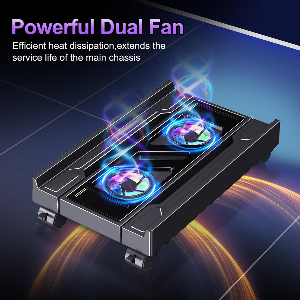 Adjustable Computer Tower Stand with Cooler Fan and Light, PC Stand for Floor, Mobile CPU Holder with 4 Caster Wheels Fits Most PC Tower, Under Desk CPU Holder for Office, Gamers and Students