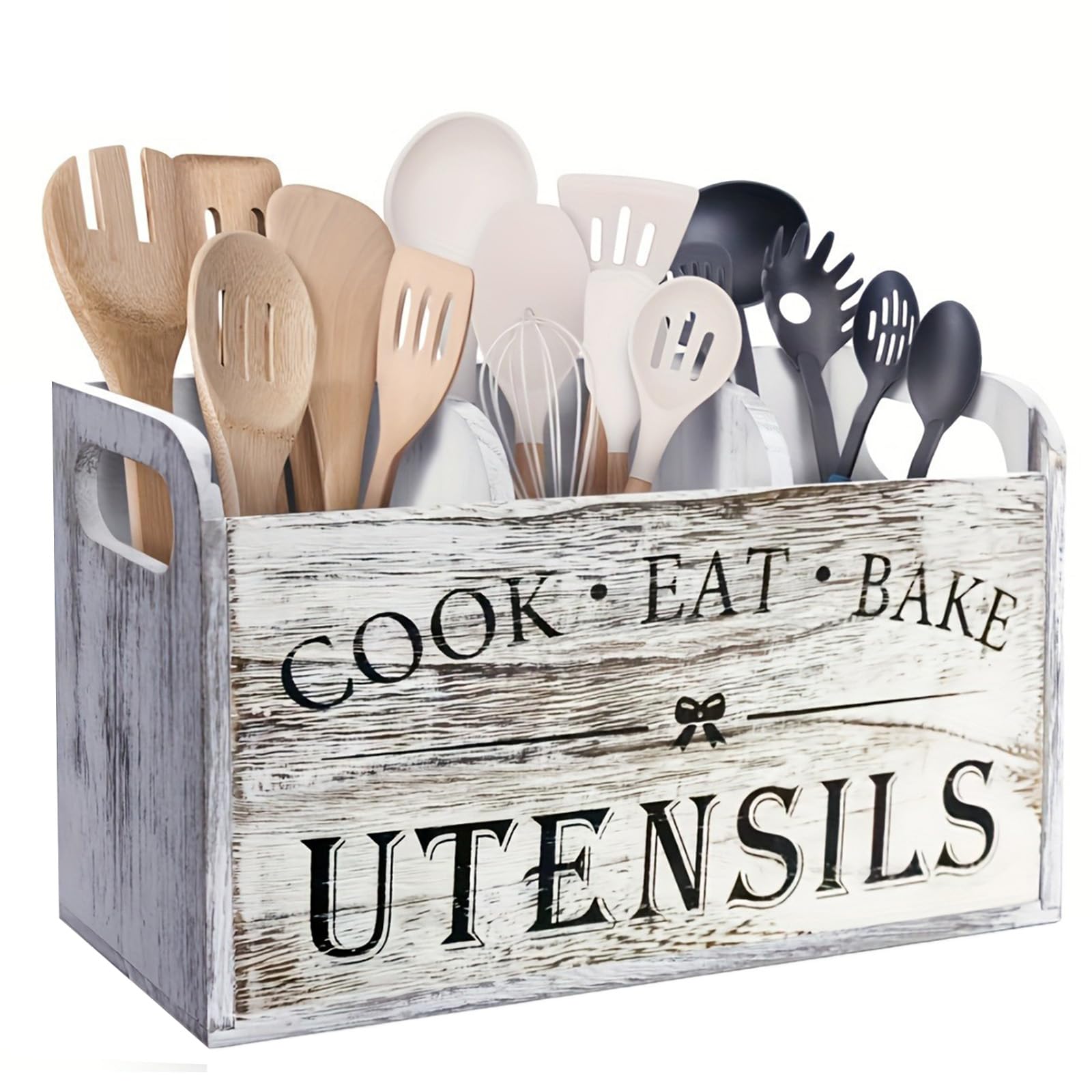 Large Kitchen Utensil Holder with 3 Compartments, Wooden Storage Utensil Organizer for Kitchen Countertop, Farmhouse Decor, Rustic Cooking Utensil Kitchen Tool Organizer Utensil Caddy (White)
