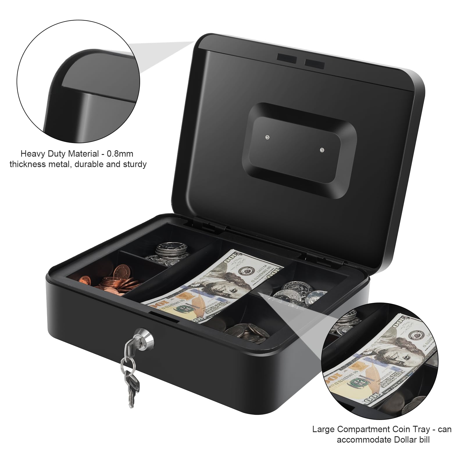 Cash Box with Money Tray and Lock, Large Metal Lock Box for Money Safe 9.84 x 7.87 x 3.54 Inches - Black