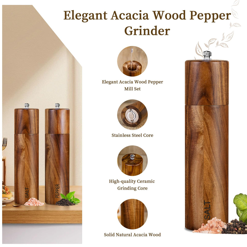 2 Pack Acacia Wooden Salt and Pepper Grinder Set, 8 Inches Refillable Salt and Pepper Mills with Adjustable Coarseness & Ceramic Core, Wood Peppercorn Shaker Salt Grinders Tableware Birthday Gifts