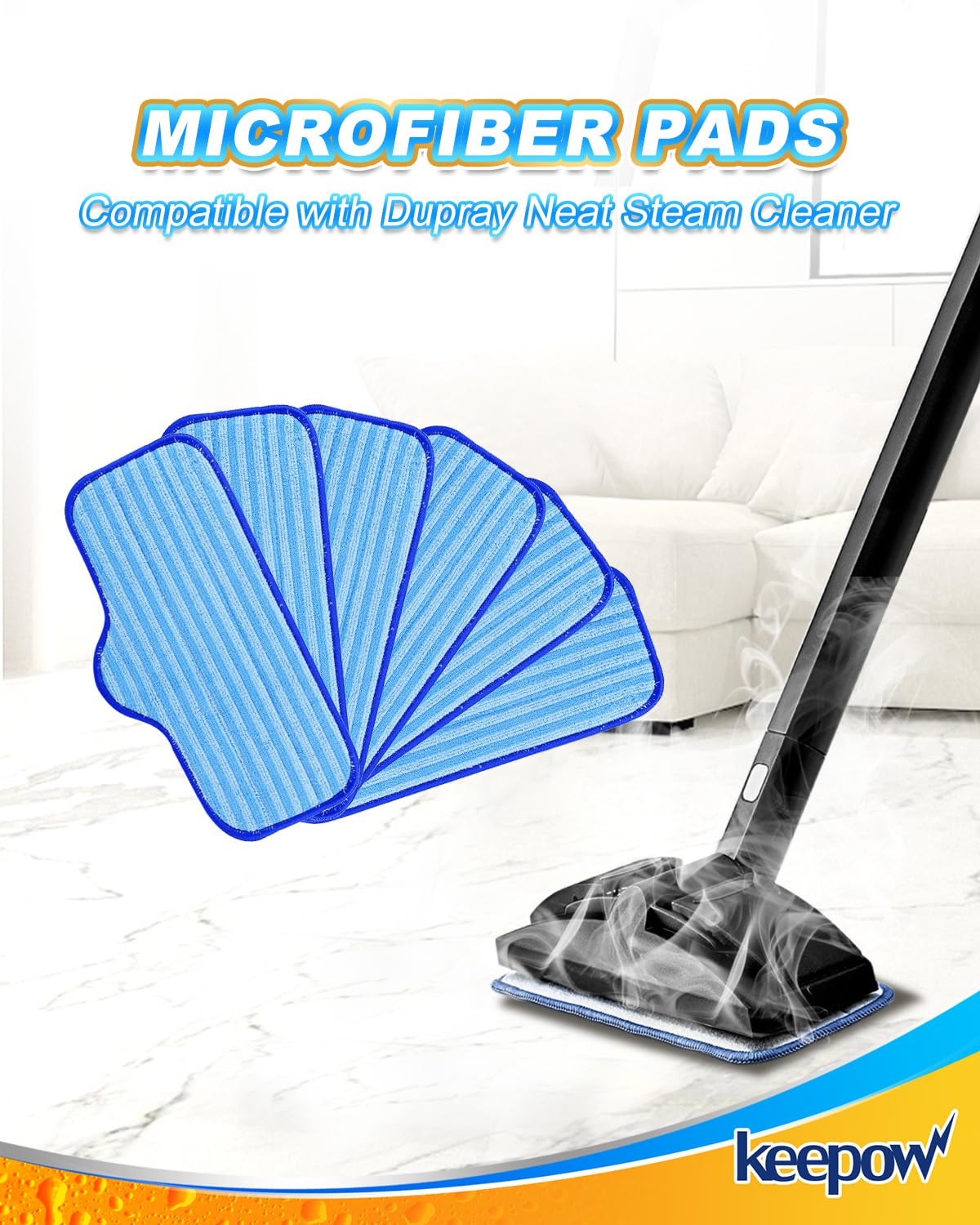 KEEPOW Steam Mop Pads for Dupray Neat, Washable and Reusable Compatible with ScrubWiz Steam Mop with Detachable Handheld Steam Cleaner, Replacement Accessories for LABIGO 10-in-1 Steam Mop, 6 Packs