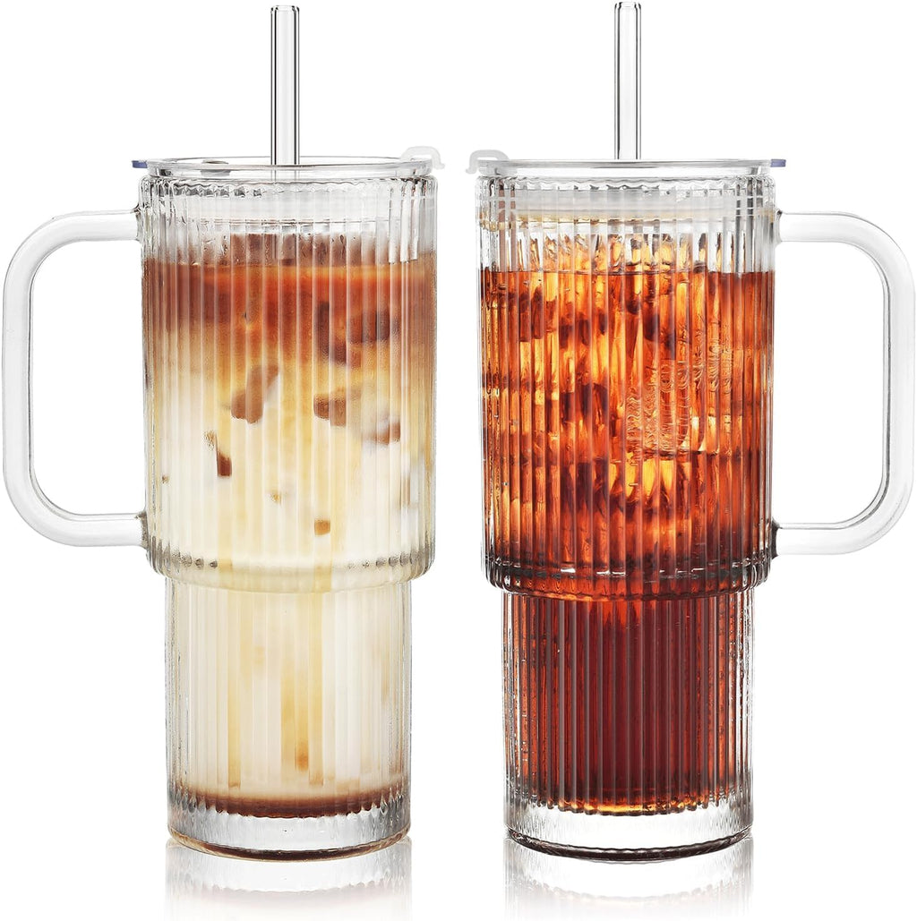 26oz Ribbed Glass Tumbler with Handle & Lid – 2-Pack Large Iced Coffee Cups with Straws, Modern Glass Mug for Cold & Hot Beverages, Aesthetic Travel Cup for Smoothies, Tea, and Juice