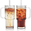 26oz Ribbed Glass Tumbler with Handle & Lid – 2-Pack Large Iced Coffee Cups with Straws, Modern Glass Mug for Cold & Hot Beverages, Aesthetic Travel Cup for Smoothies, Tea, and Juice