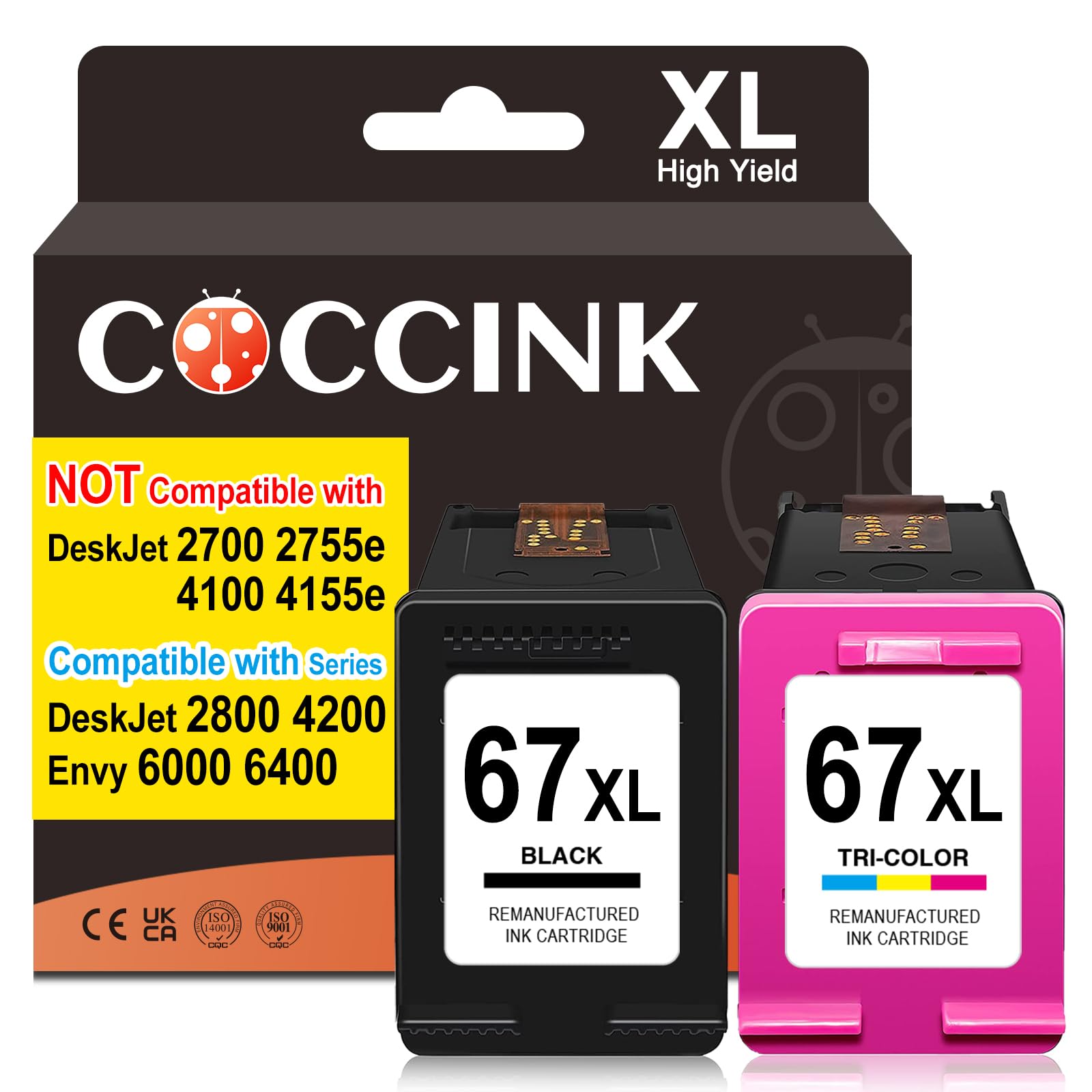 COCCINK 67XL Ink Cartridge for HP Deskjet 4200e 4252e 4255e 4258e 4227e 2800e 2855e 2842e 2852e 2827e Envy 6000 6055e 6400 6455e Printers for HP67 HP 67 Black and Color Combo Pack