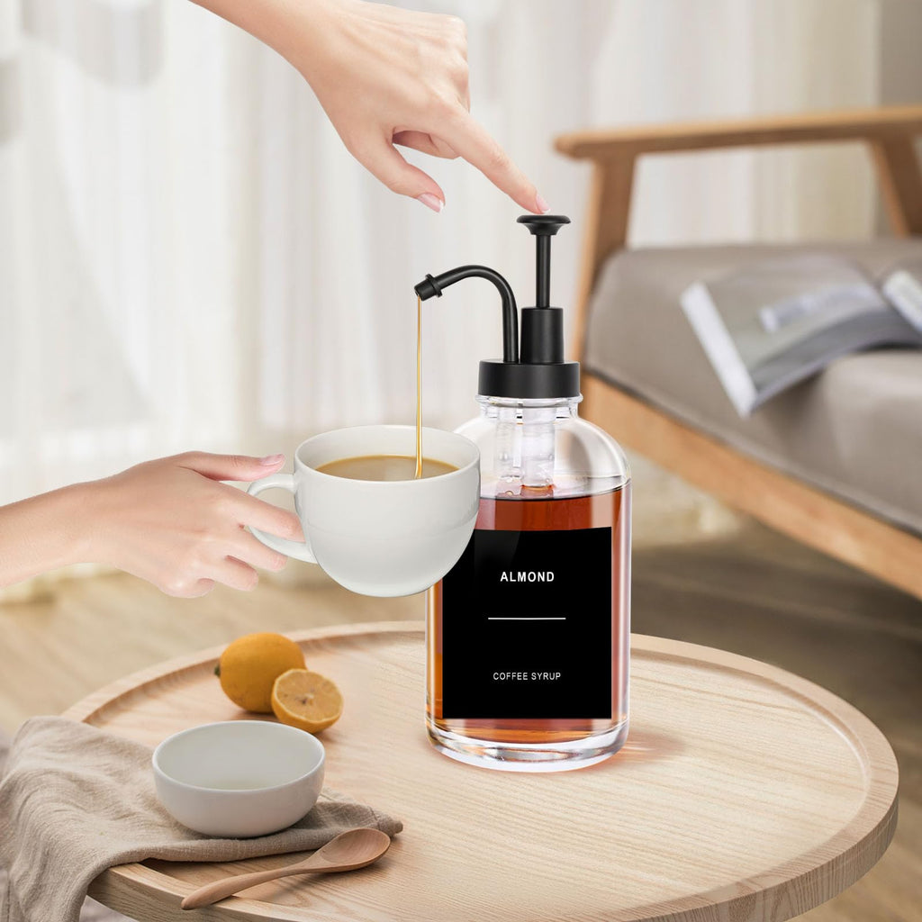 Coffee Syrup Dispenser,Black 500ml/16.9 oz Syrup Dispenser,Set of 2 Glass Syrup Dispenser Bottle,Honey Dispenser with 36 Waterproof Labels and Funnel&Pump for Kitchen Coffee Bar Accessories(Round)