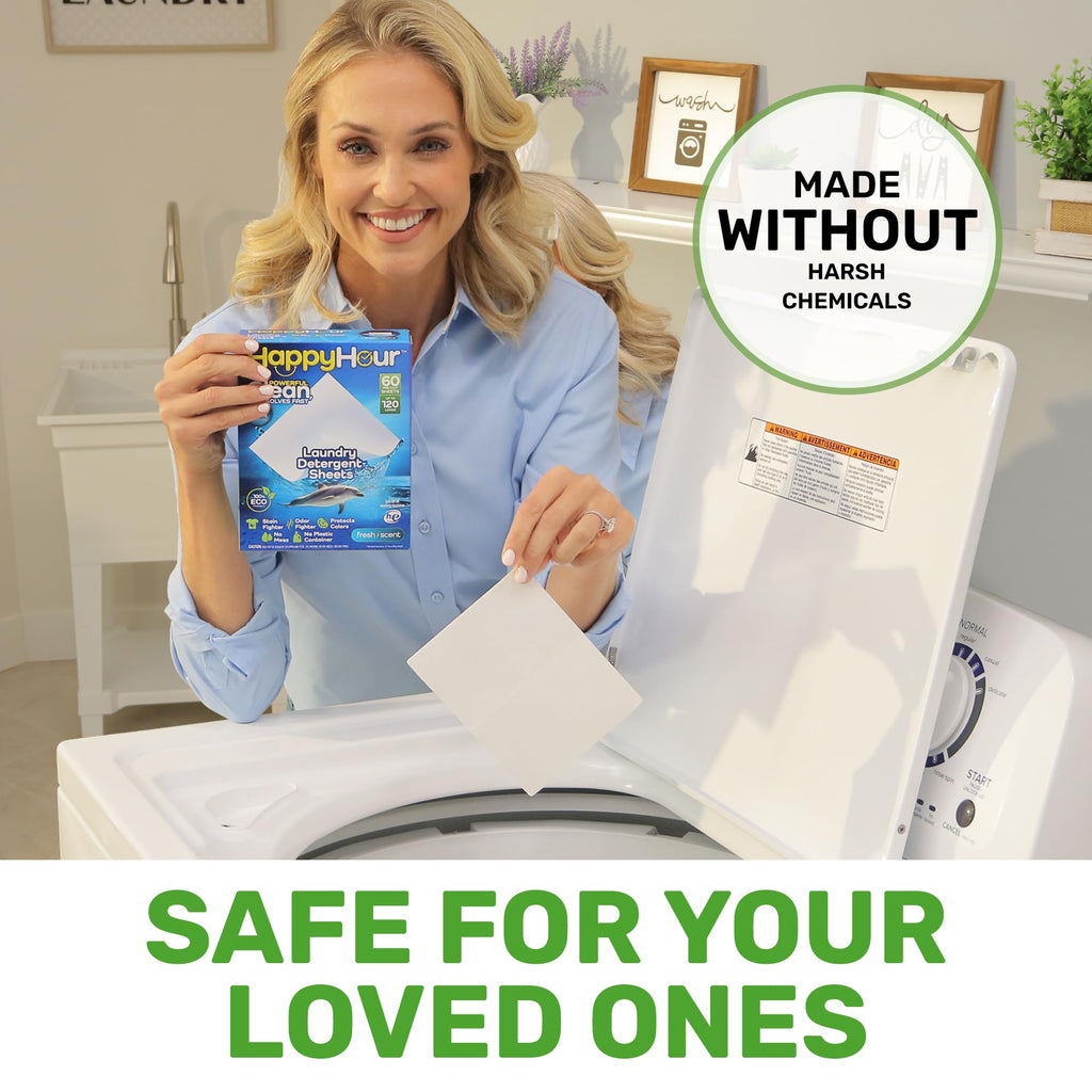 HAPPY HOUR Laundry Detergent Sheets Value Pack with up to 120 Loads, Non Toxic Laundry Sheets Detergent Soap for Sensitive Skin, Recyclable Eco Friendly, Perfect for Travel - Fresh Scent