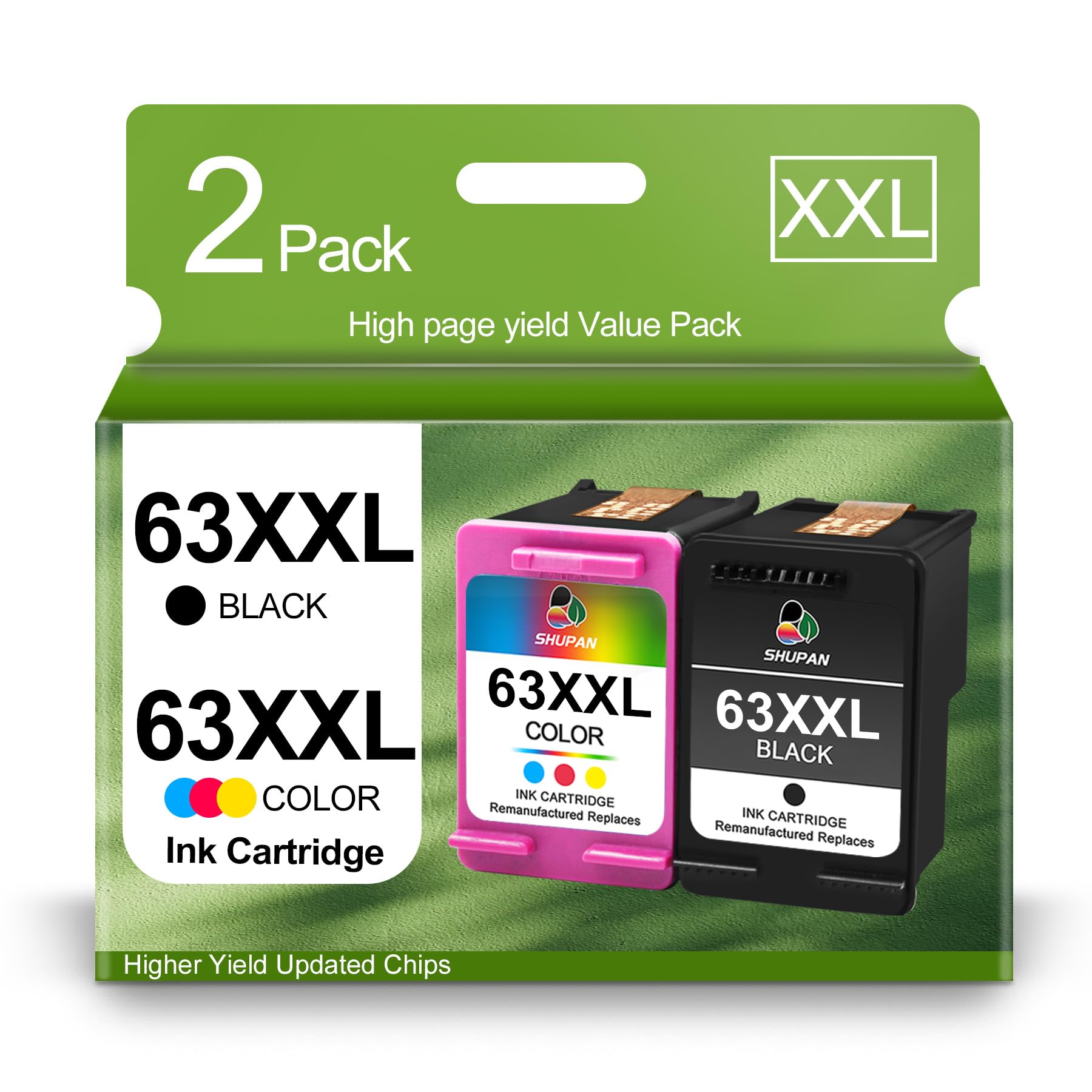 XXL 63 Ink Cartridge Combo Pack Remanufactured for HP 63XXL 63XL Ink Work for Officejet 3830 4650 5255 5258 5200 4652 4655 Envy 4520 4512 DeskJet 2130 2132 Printer (1 Black，1 Tri-Color)