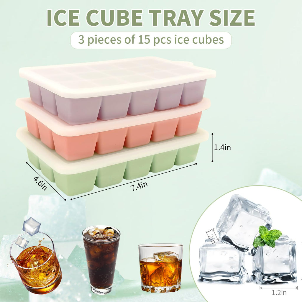 KGYMJR 3Pcs Silicone Ice Cube Tray, Square Ice Cube Tray with Lid, Reusable Ice Cube Molds for DIY Cold Drinks. (Small ice Cubes, Count, 15)