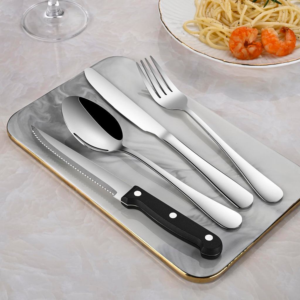 24-Piece Silverware Set with Steak Knives, Flatware Set Service for 4, Food-Grade Stainless Steel Cutlery Set, Includes Knife Spoon and Fork, Mirror Finished Utensil Sets for Home Restaurant