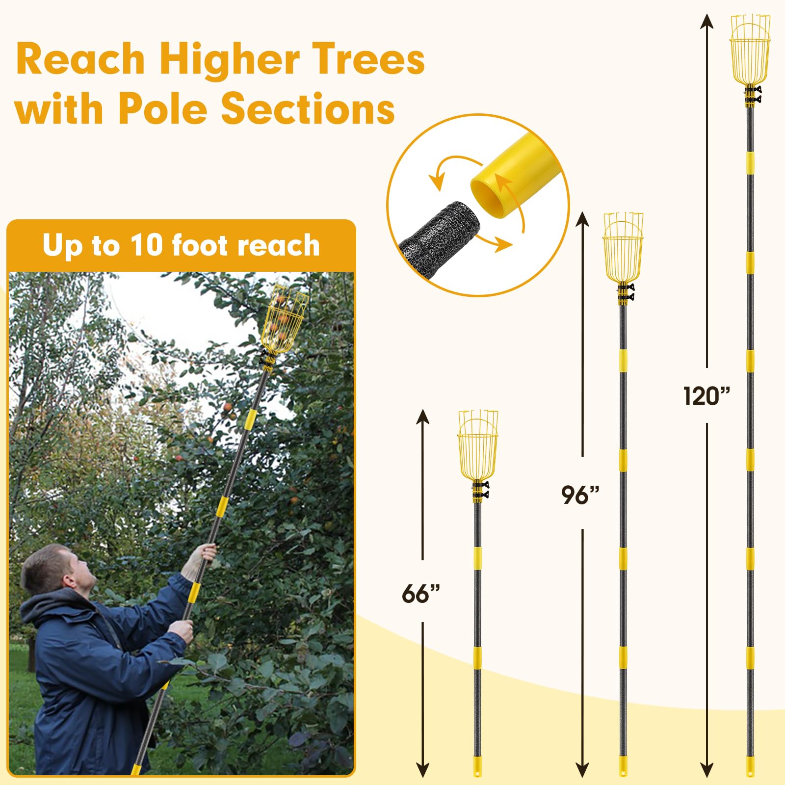 Fruit Catcher for Trees,10FT Fruit Picker Tool, Adjustable Fruits Picker with Pole and Big Basket, Fruit Catcher Equipment Tree Picker for Lemon Apple Mango Orange Avocados Fruit Picking Grabber Tool