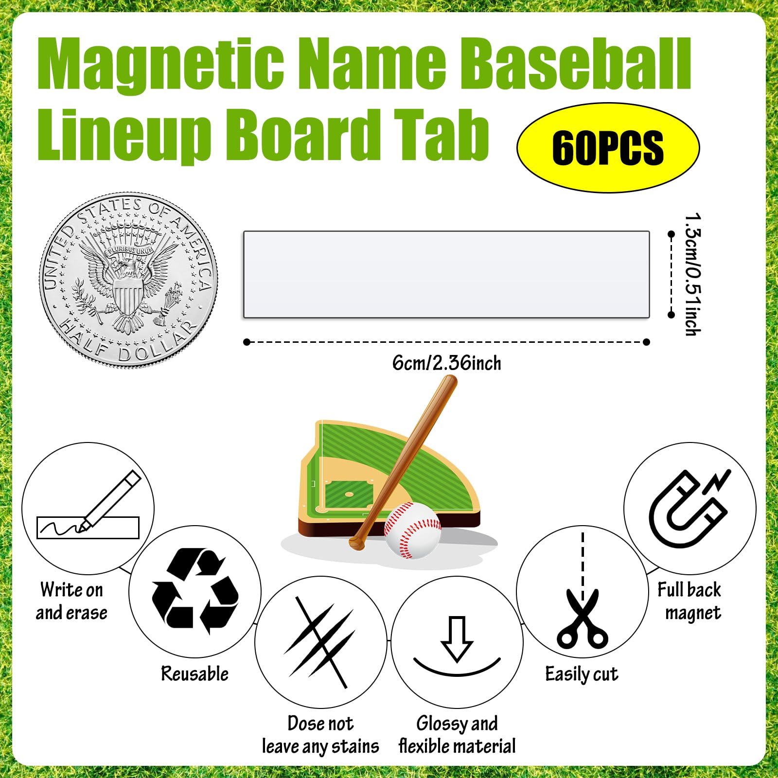 Deekin 60 Pack 2.36 x 0.51 Inches Magnetic Baseball Lineup Board Tabs White Magnetic Dry Erase Labels Write Wipe Magnet Strip for Dugout Name Tags Softball Line up Board Clipboard Calendar Home Office