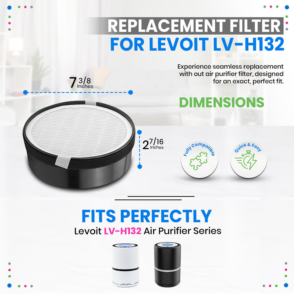 Bagean LV-H132 Replacement Filter for Levoit Air Purifier Compatible with Levoit Filter Replacement - Certified H13 True HEPA with Activated Carbon Filters 99.97% of Particles and Purifies Air (2-Pk)