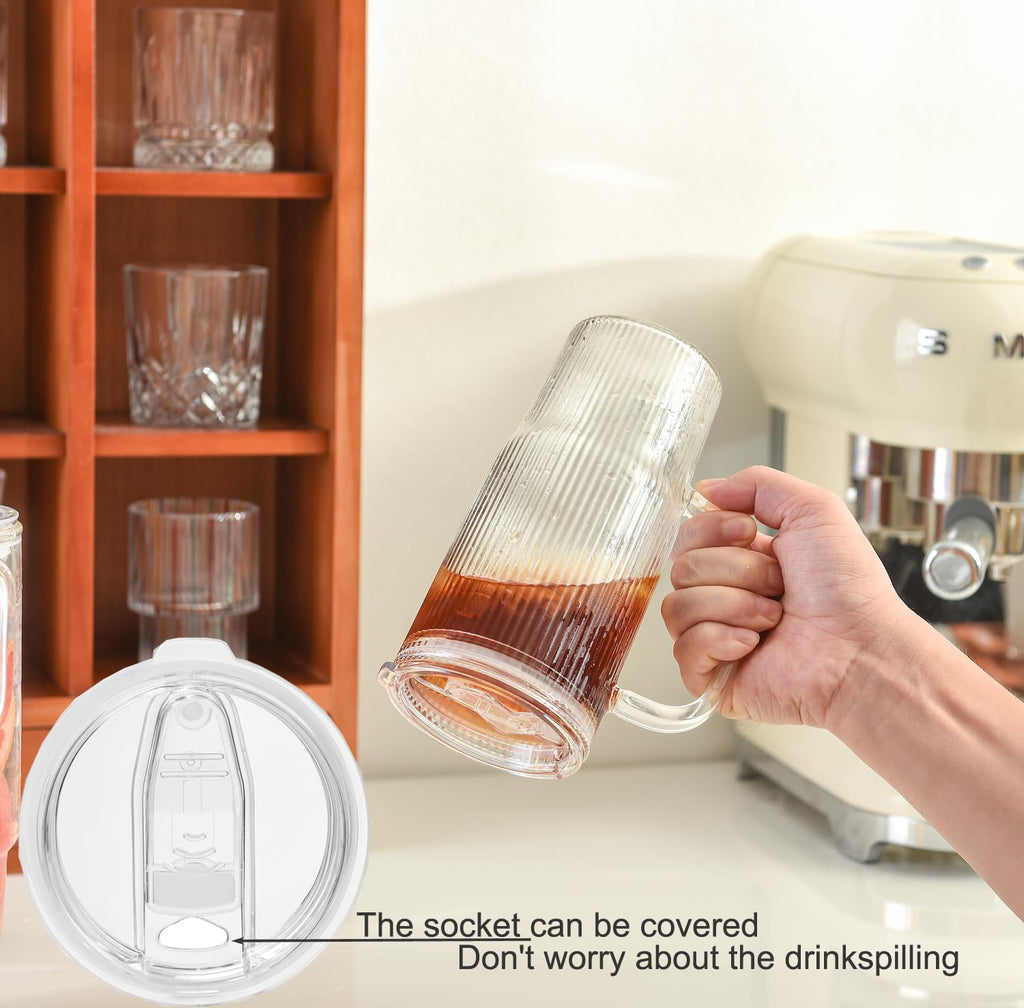 ALINK 2 Pack 24 oz Ribbed Glass Tumbler with Handle Lid and Straw,Glassware Set Ripple Large Iced Coffee Cups, Aesthetic Glass Travel Tumbler for Hot & Cold Beverages, Smoothies, Tea and Juice