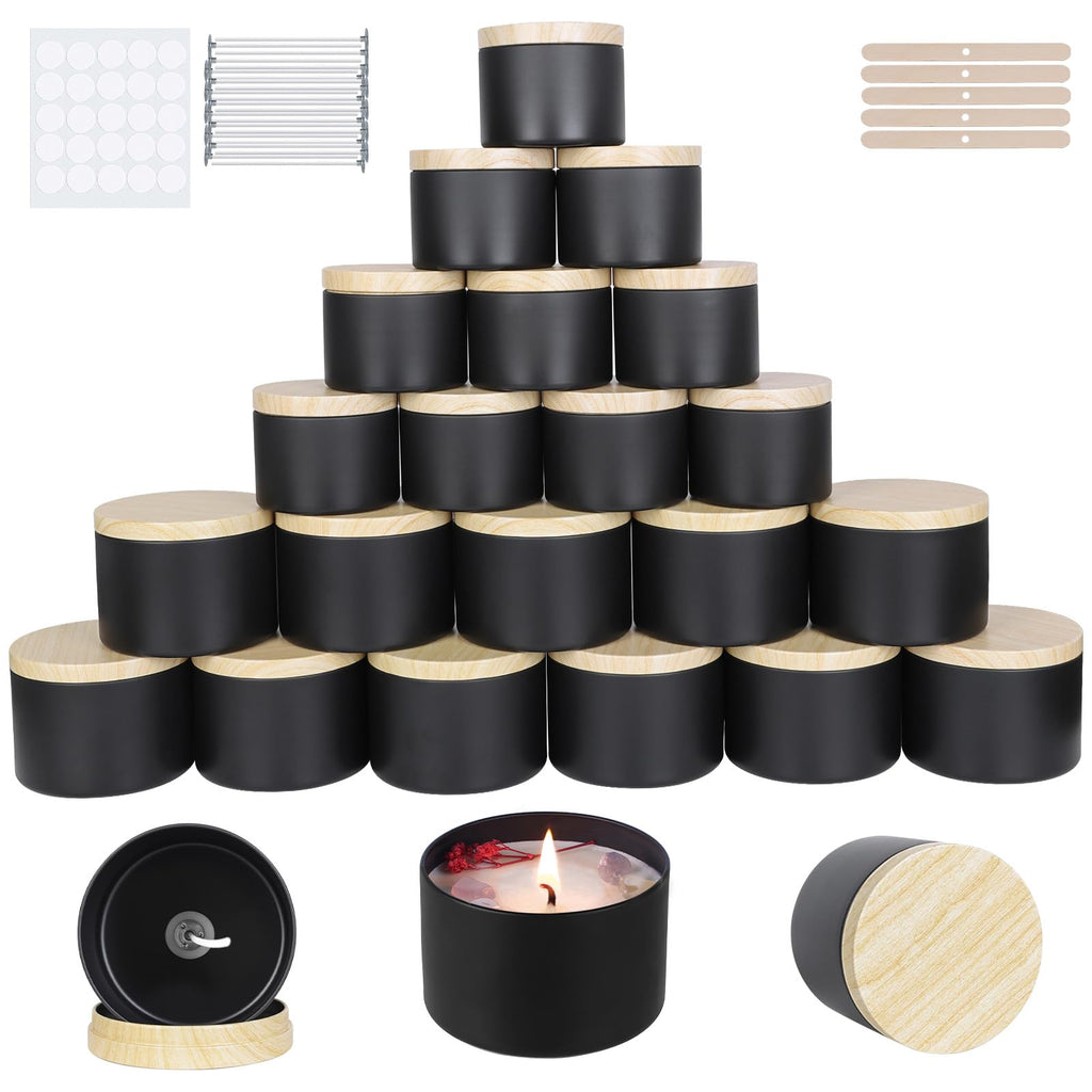 CONNOO 24 Pack Candle Tins, 12pcs 8 OZ & 12pcs 4 OZ Black Jars with Metal Wood-Grain Lids for Making Candles, Bulk Empty Containers for Candle Making, Wick Kit Included