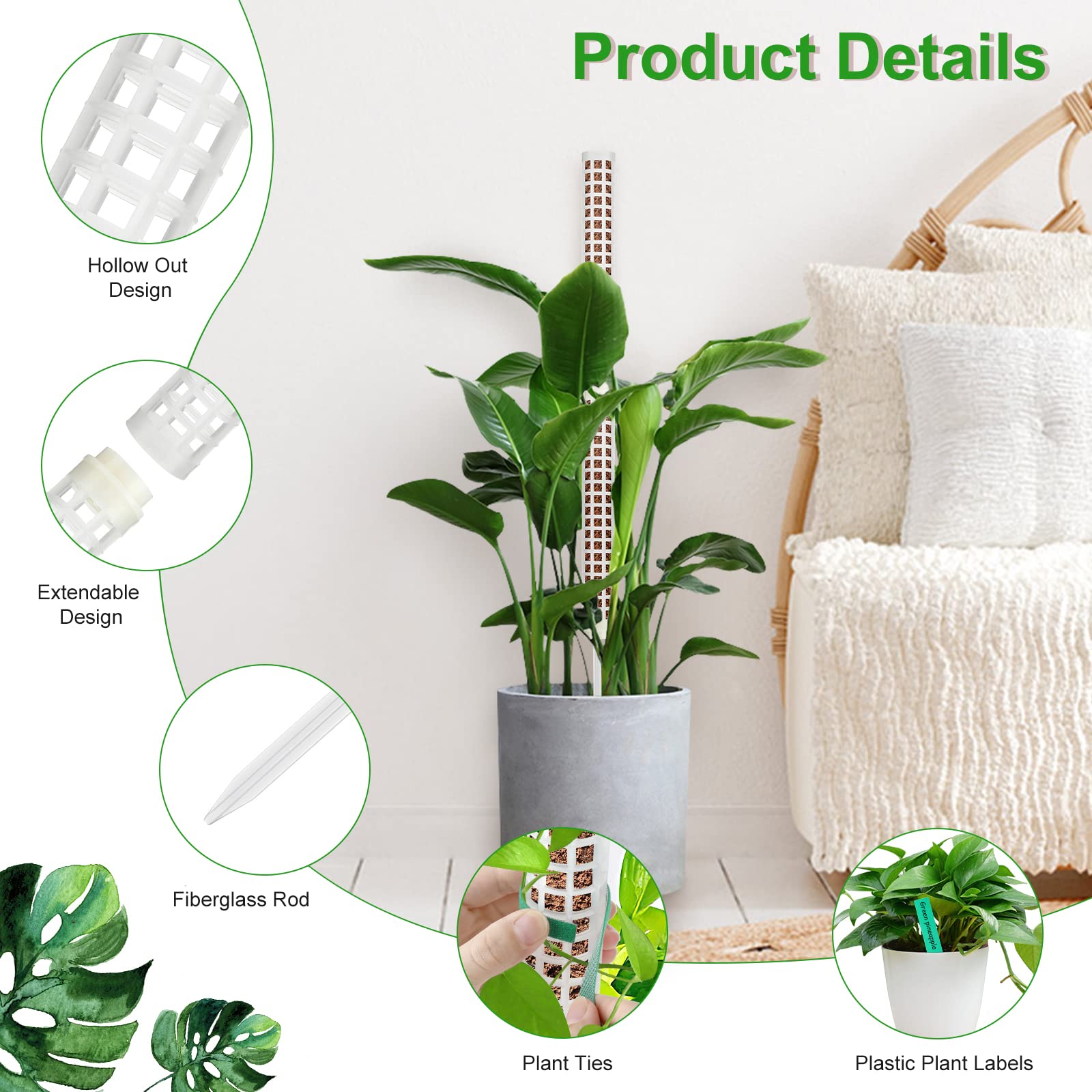 Welltop Moss Pole, 4Pcs Plastic Moss Pole for Plants Monstera 15Inch Stackable Plant Moss Sticks for Climbing Plants Grow Upwards Plant Support for Indoor Plants