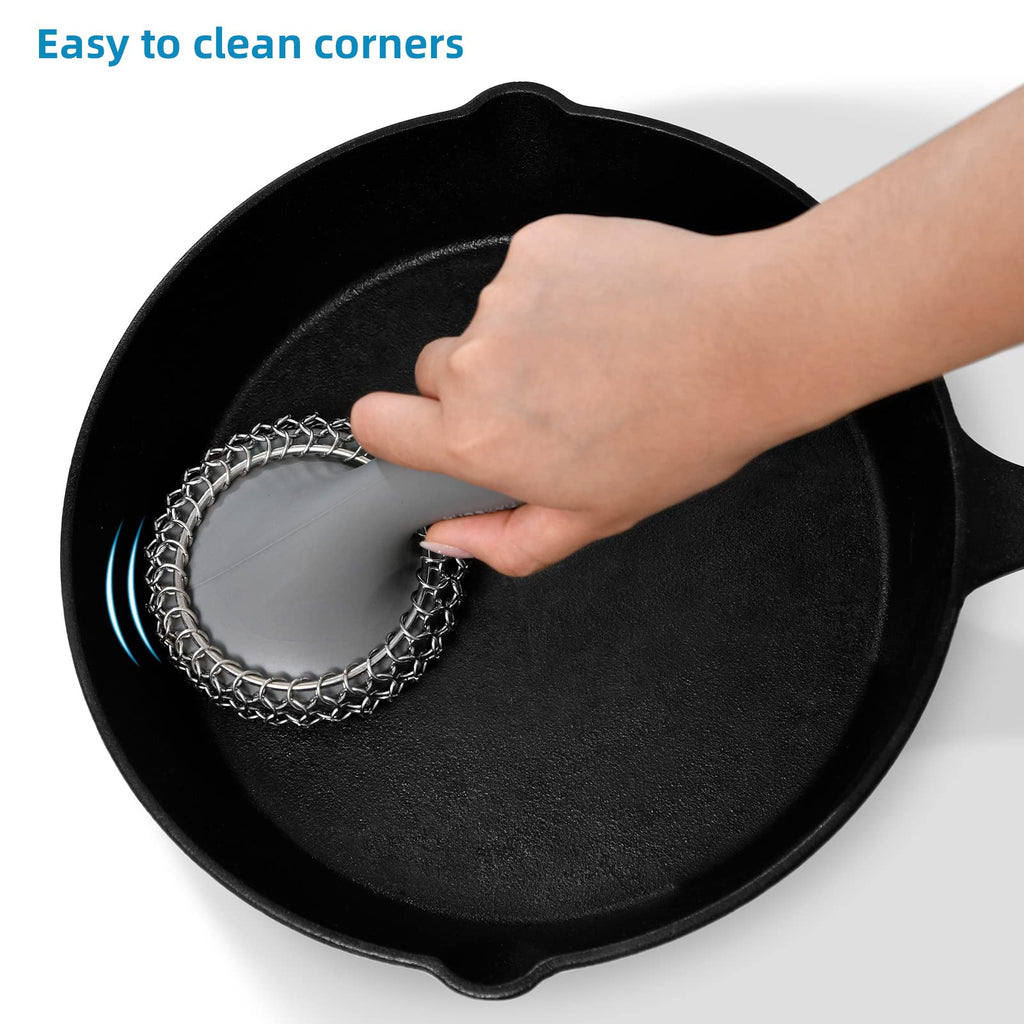 SUBEKYU Cast Iron Scrubber with Silicone Handle, Stainless Steel Cast Iron Skillet Cleaner Chainmail Scrubber for Pans, Grey