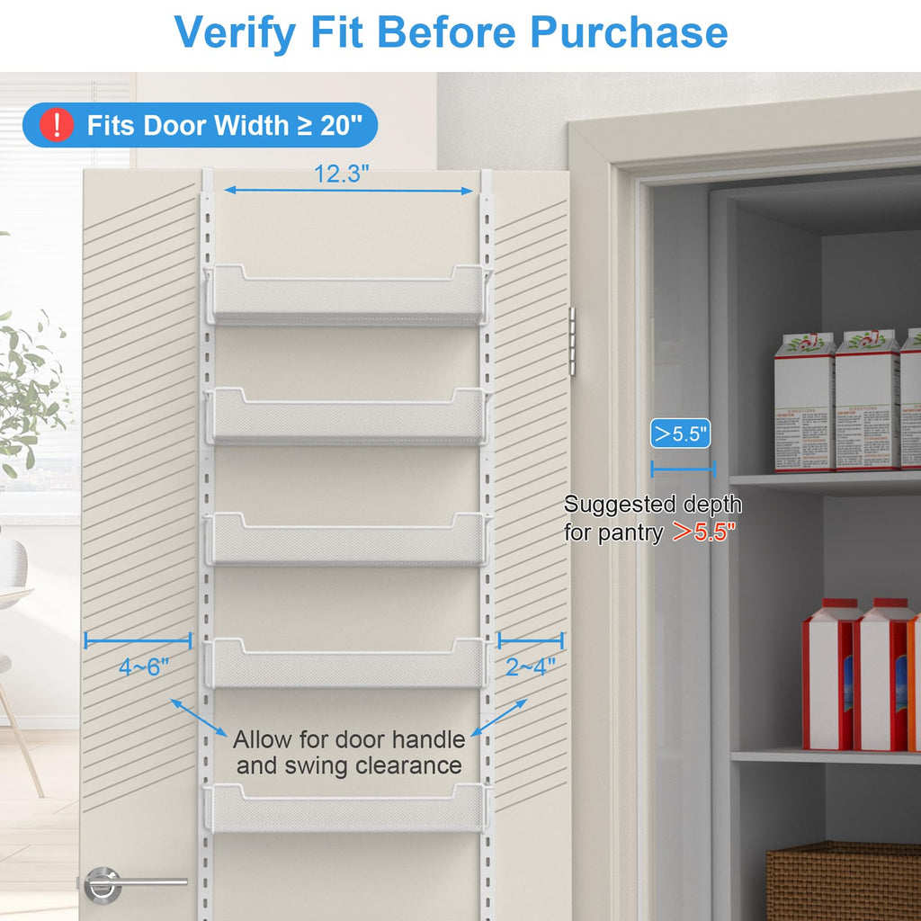 VyGrow 6-Tier 12.3" W Narrow Over the Door Pantry Organizer with Adjustable Basket, Pantry Door Organization for Pantry Kitchen Storage Room Spice Rack, White