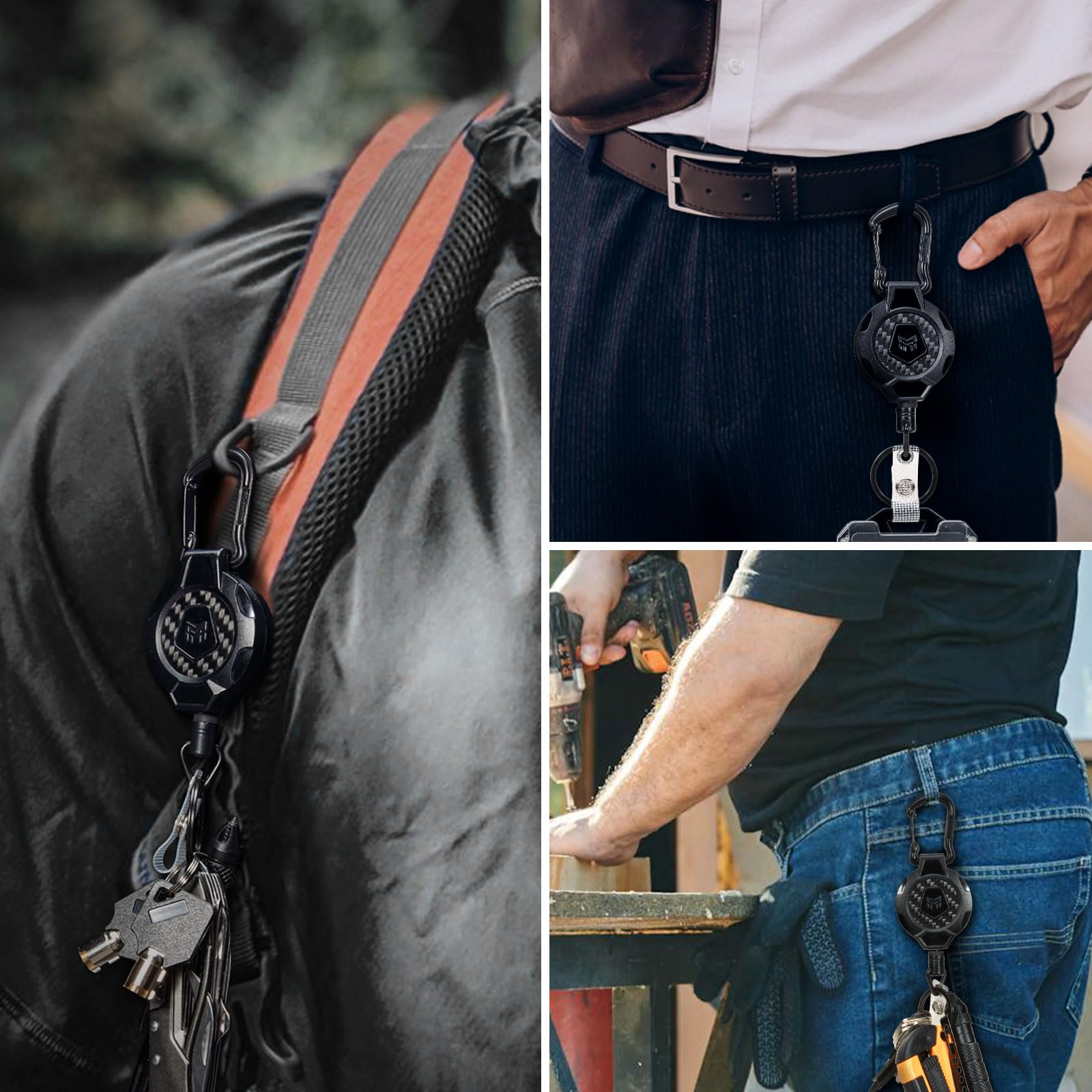 MNGARISTA 2-Pack Retractable Keychain, Heavy Duty 10 OZ Retraction 3K Carbon Fiber ID Badge Reel, Carabiner Badge Holder Hook Upgraded 31.5" Stainless Steel Cord Lanyard with Clip Strap and Key Ring