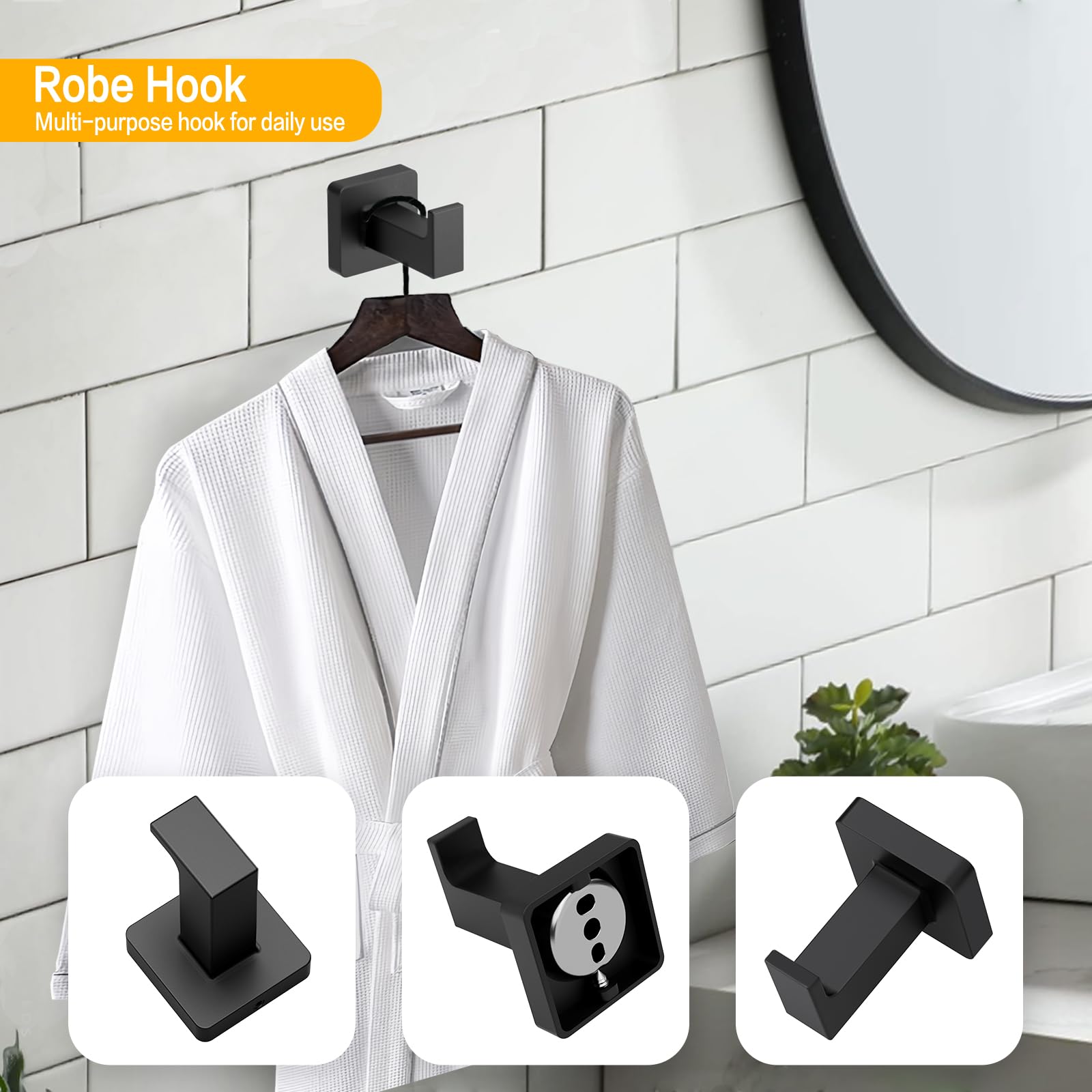 4Pcs Bathroom Hardware Set SUS304 Stainless Steel Wall Mount, Include 24" Bath Towel Bar, Hand Towel Ring, Robe Towel Hook, Toilet Paper Holder, Square Bathroom Accessories Rack Set, Matte Black