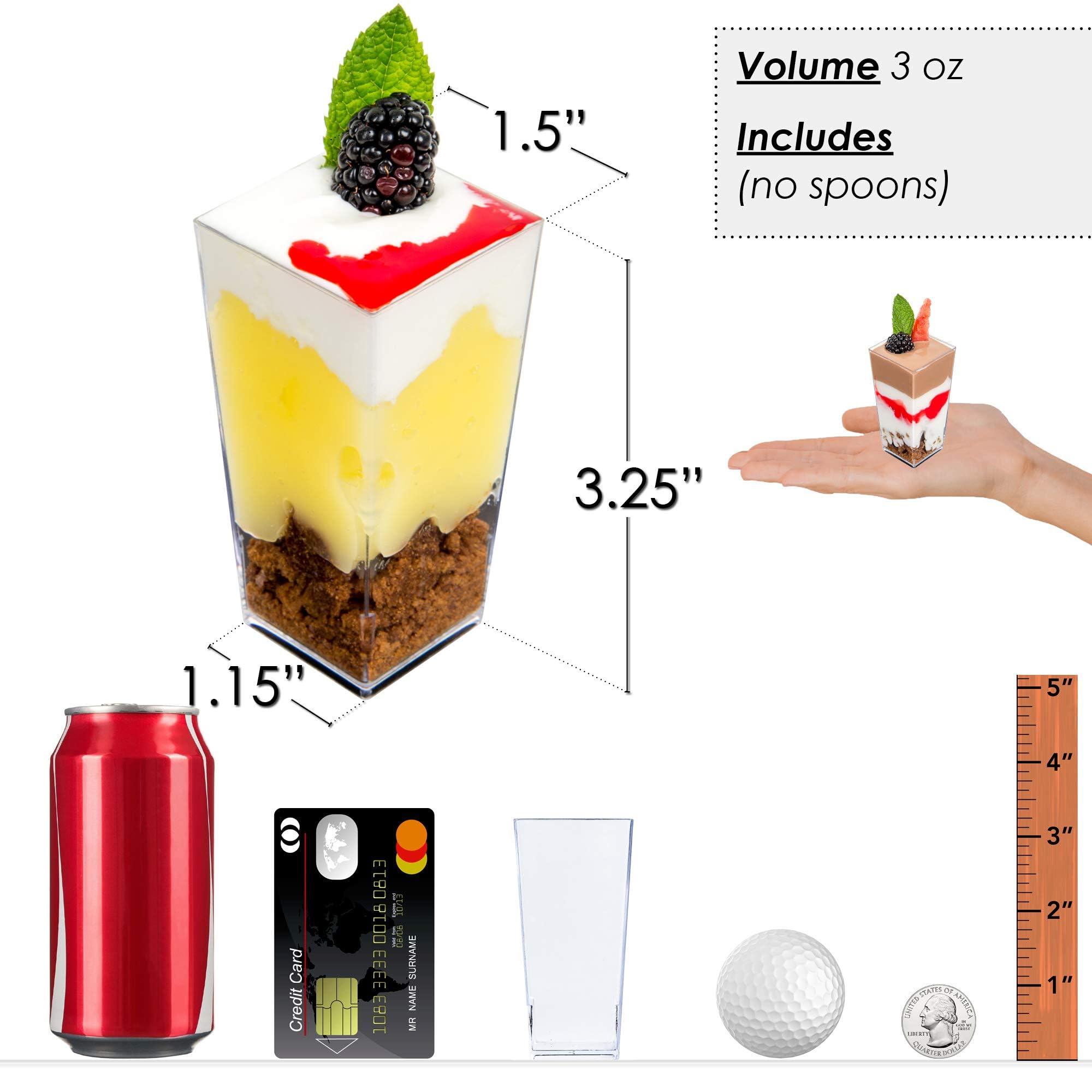 DLux 100 x 3 oz Mini Dessert Cups (no Spoons), Square Tall - Clear Plastic Parfait Appetizer Cup - Small Reusable Serving Bowl for Tasting Party Desserts Appetizers - with Recipe eBook