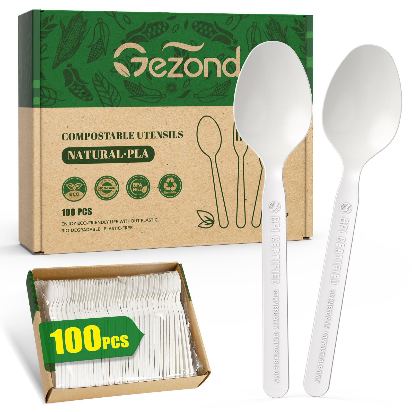 Gezond 100% Compostable Spoons 100 Count, No Plastic Biodegradable PLA Disposable Spoons Eco Friendly Heavy Duty Cutlery Suitable for Party Picnic Office Everyday Use