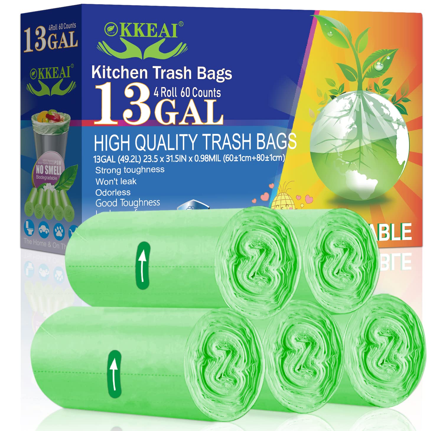 OKKEAI Biodegradable Garbage Bags 13 Gallon Tall Kitchen Trash Bags Compostable Bags Recycling 49 Liter Bin Liners for Lawn Kitchen,Home,Office,Green,60 Counts(Fits 10-15 Gallon Bins)…