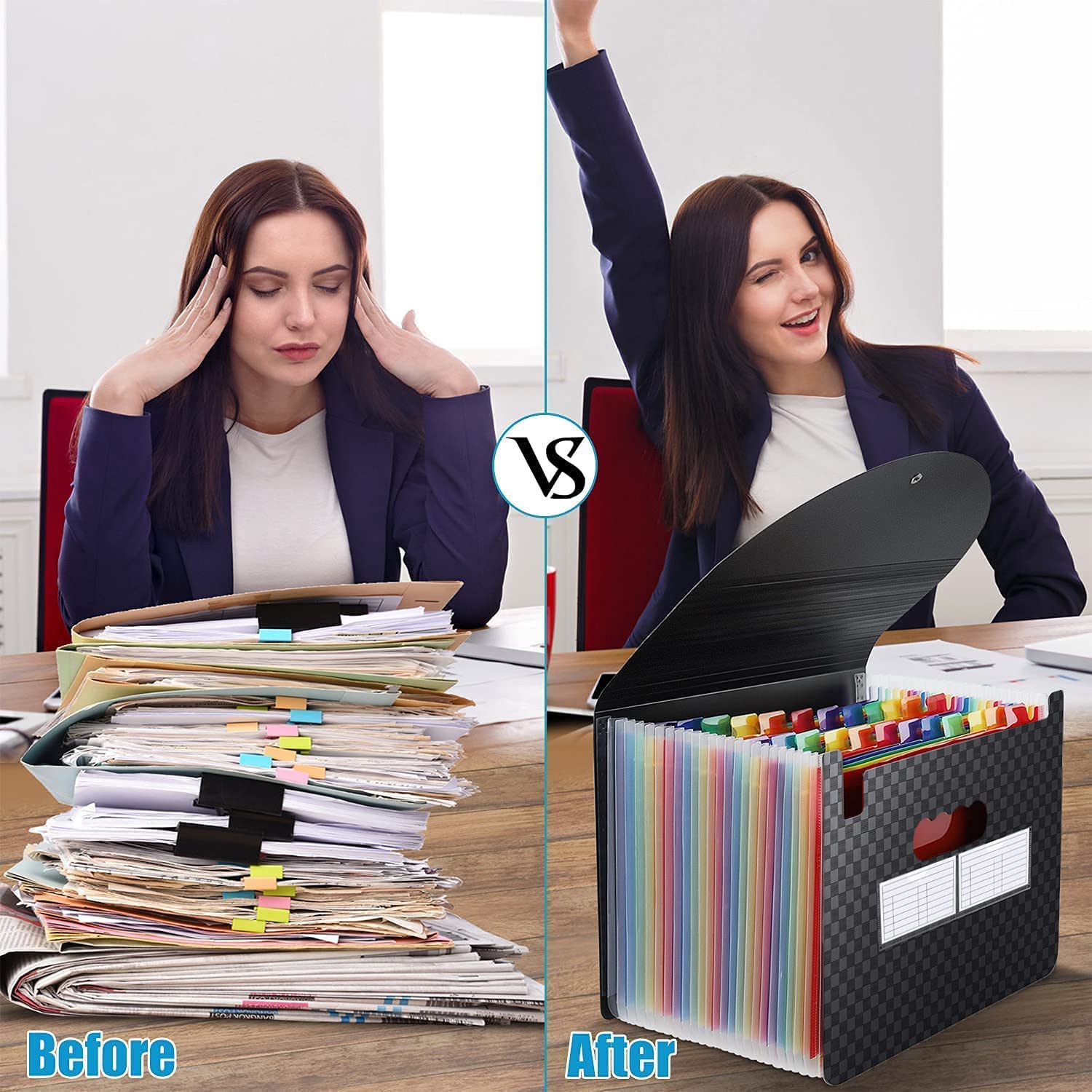 24 Pockets Expandable Accordion File Organizer, Expanding File Folders, Portable Rainbow Plastic Filing Box with Colored Labels for School Work Family Project Office Personal Document