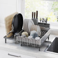 SONGMICS Dish Drying Rack, Expandable Dish Dryer for Kitchen Counter, Stainless Steel Dish Rack with Extendable Spout, Utensil, Cup, Glass, Cutting Board and Pan Holders, Silver and Gray UKCS037G01