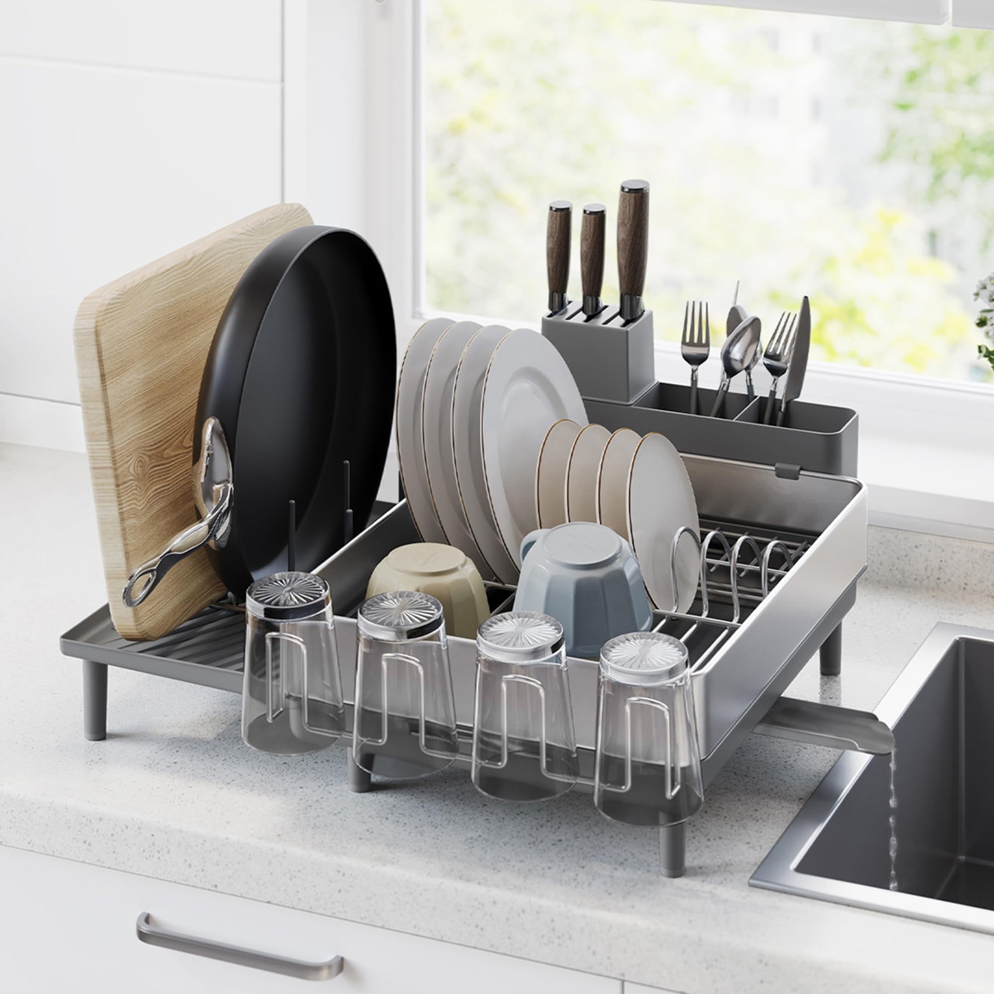 SONGMICS Dish Drying Rack, Expandable Dish Dryer for Kitchen Counter, Stainless Steel Dish Rack with Extendable Spout, Utensil, Cup, Glass, Cutting Board and Pan Holders, Silver and Gray UKCS037G01