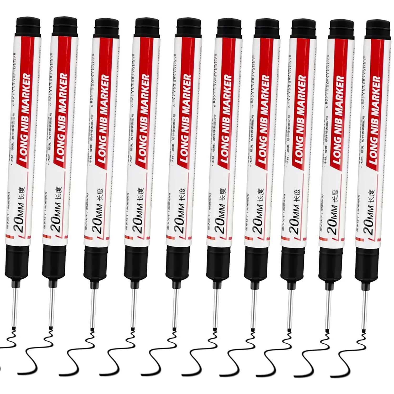 20PCS 20mm Long Nib Marker Long Head Deep Hole Marker Pens Permanent Markers Carpenter Ink Quick-dry Waterproof Pen Multi-purpose Construction Tools for Welding Drill Woodworking (Black)