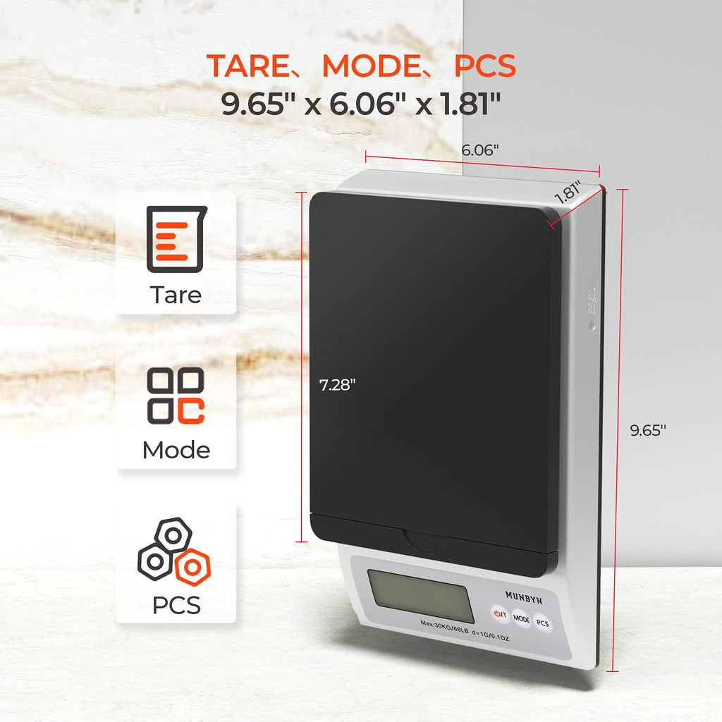 MUNBYN Digital Shipping Postal Scale, 30kg/66lbs, 1g Accuracy, Mail Scale for Packages, with Soft Tape Measure and Foldable Parcel Stand, Hold and Tear Function for Parcel Shipping Packet Postage