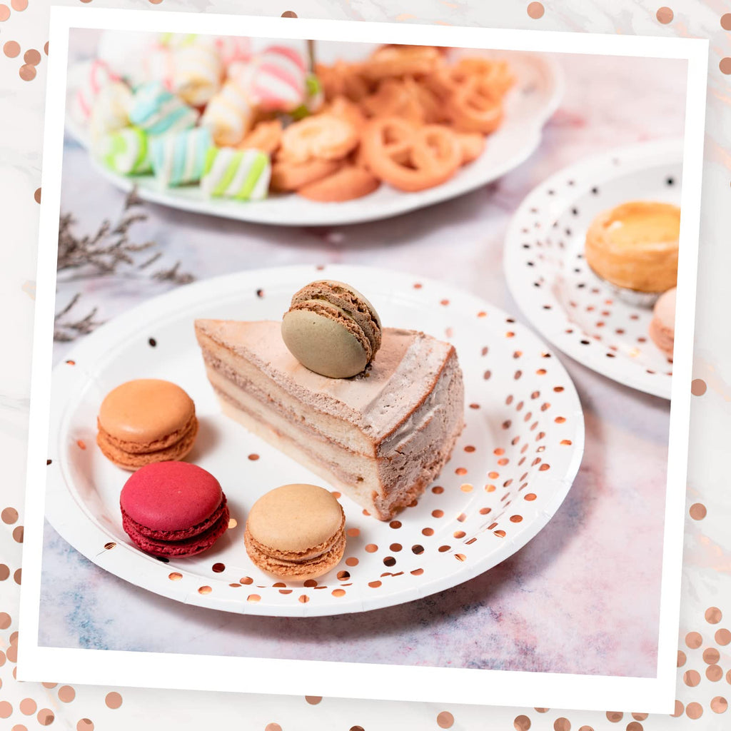 MATICAN 50-Pack Disposable Paper Plates - Elegant White & Rose Gold Foil Polka Dots, 9-Inch